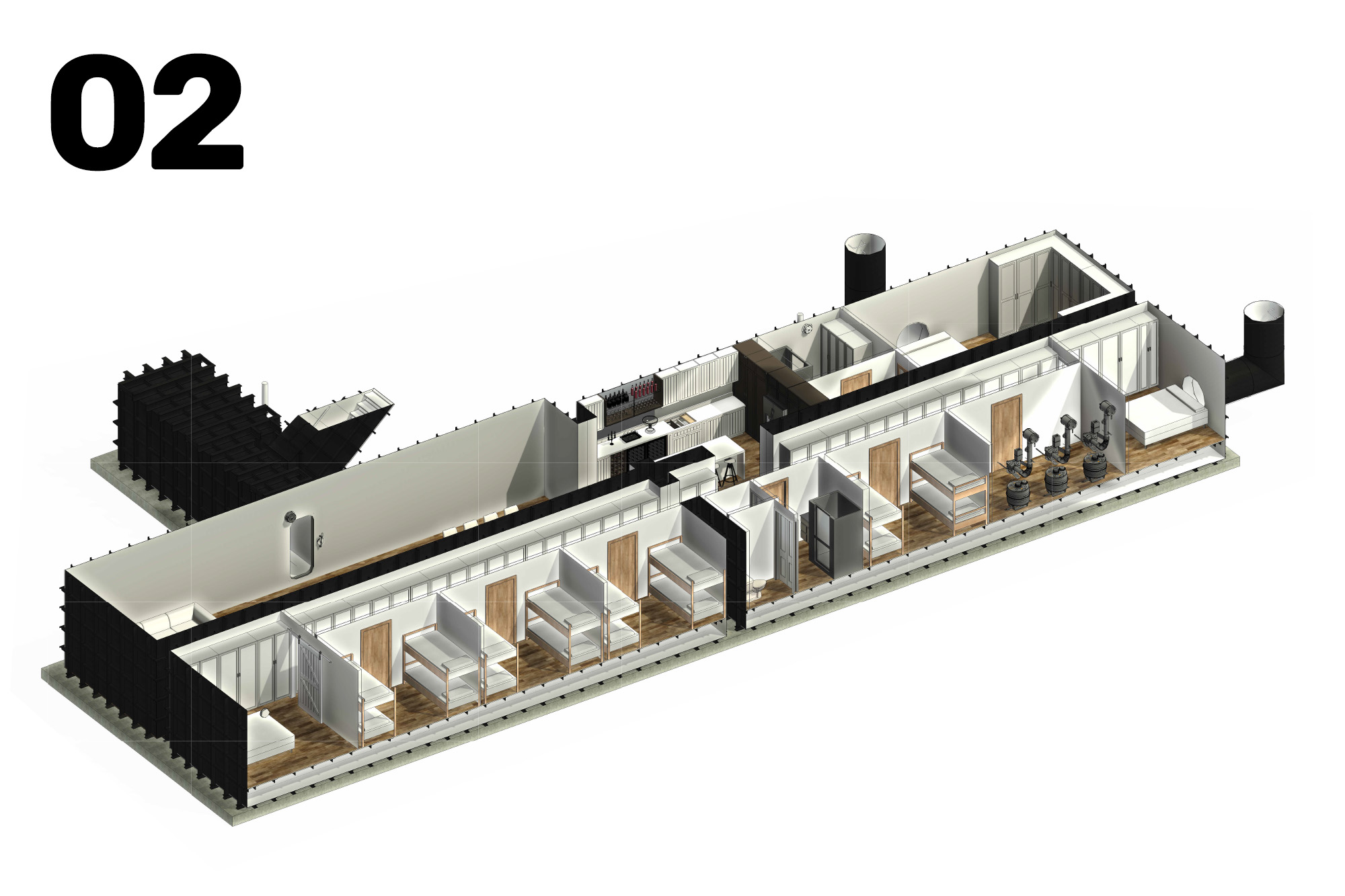 Isometric cutaway of a dorm-style building interior showing bunk-bed bedrooms, a common lounge, gym area with weights, and mechanical ducts labeled 02.
