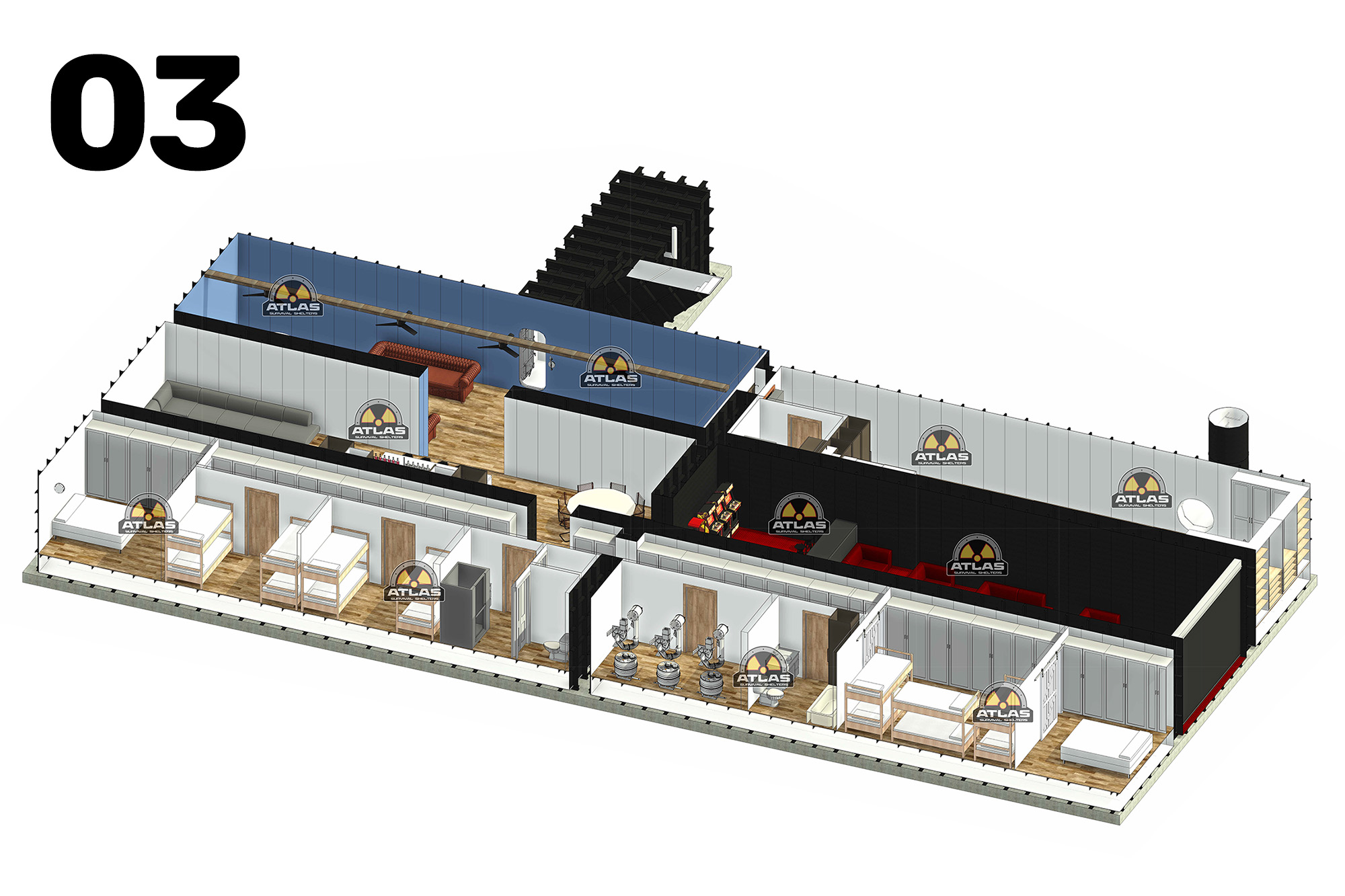 Isometric floor plan of an Atlas Survival Shelters showroom with multiple rooms, furniture, and display areas labeled Atlas logos.