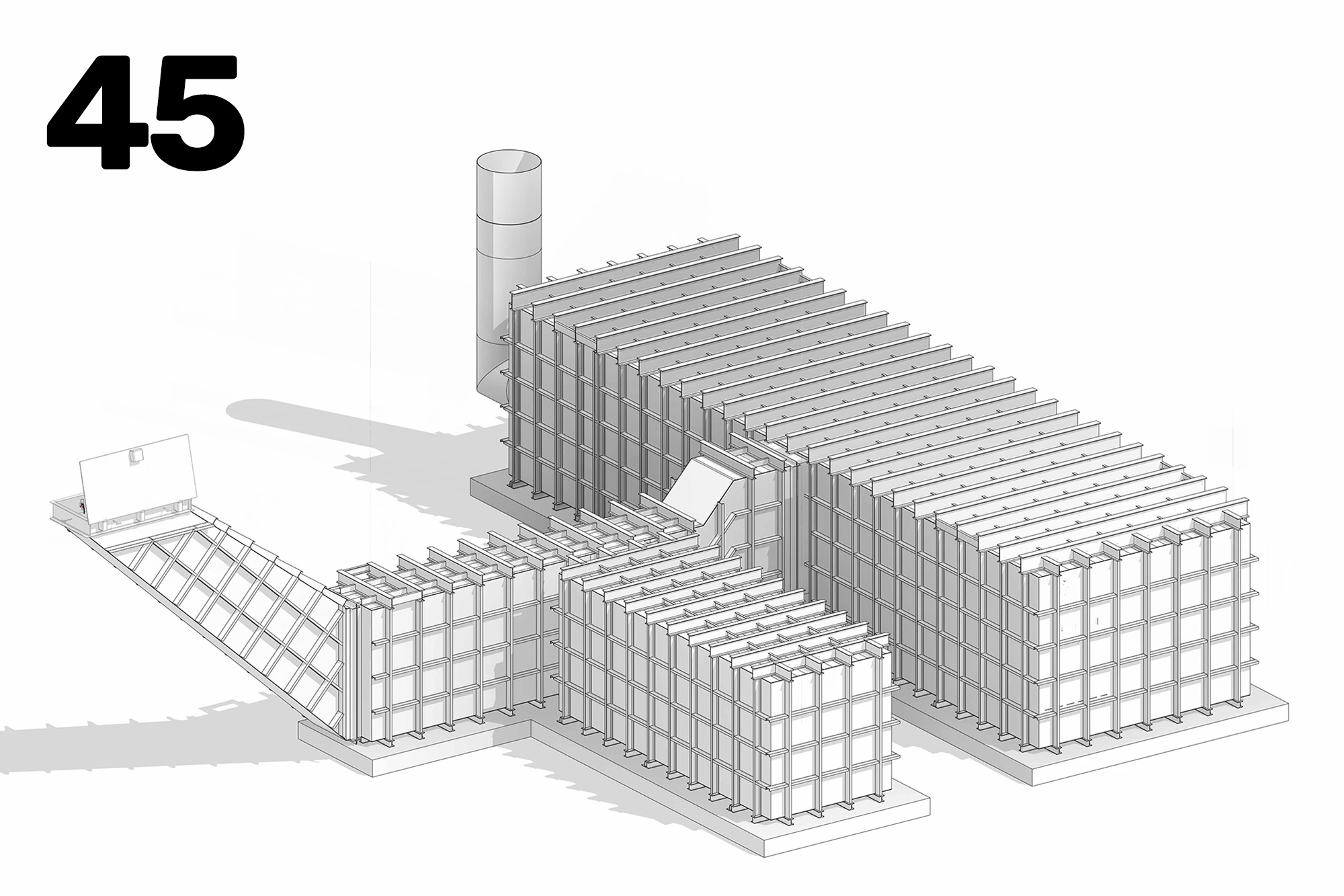 Isometric construction site model of a building under construction with a prominent 45 in the top-left corner.