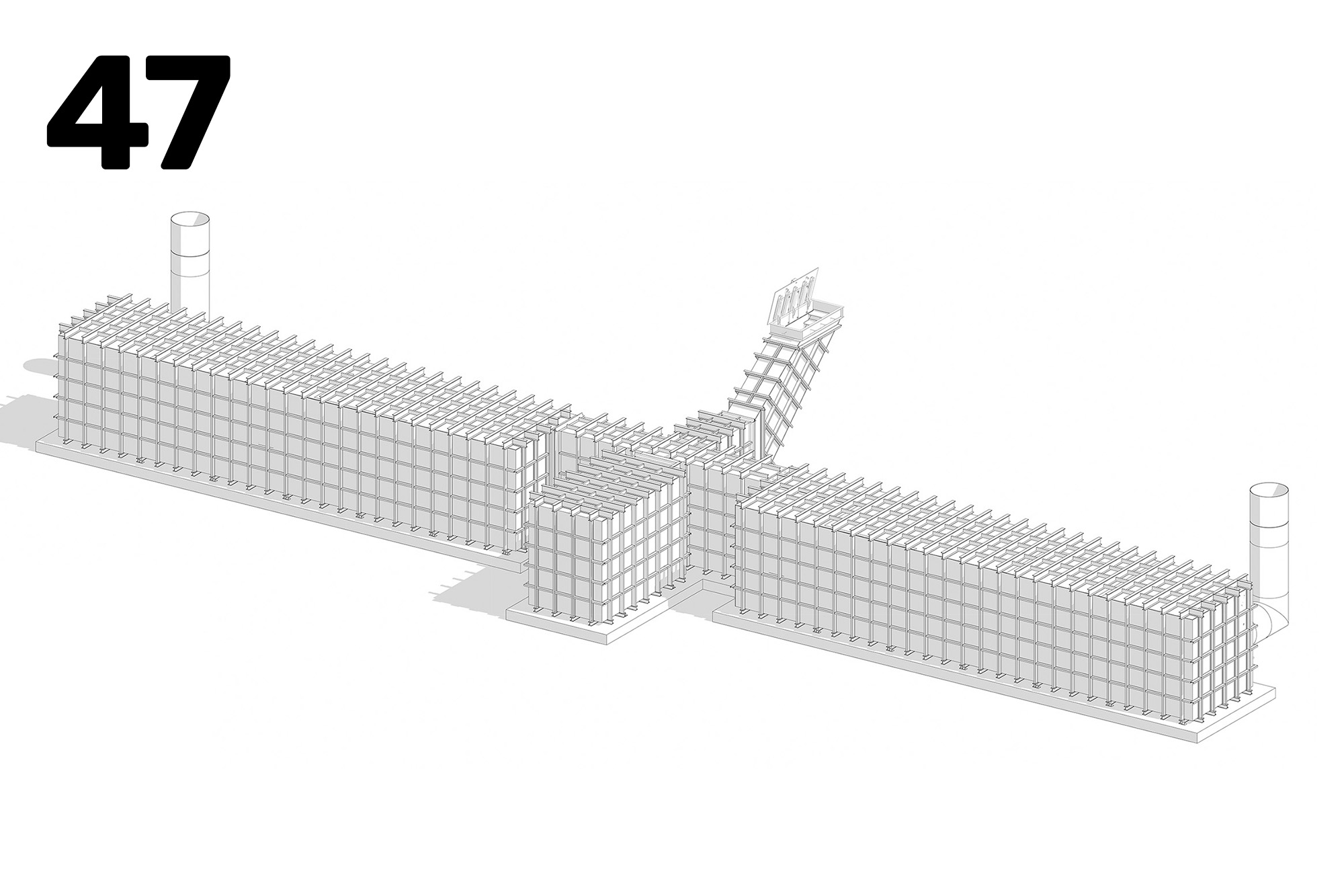 Architectural floor plan of a building with labeled rooms (master bedroom, living room, kitchen, bathroom) and orange callouts.