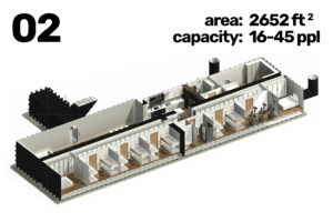 Isometric cutaway of a multi-room interior (offices, gym, corridors) with a large '02' and text: area 2652 ft², capacity 16–45 ppl.