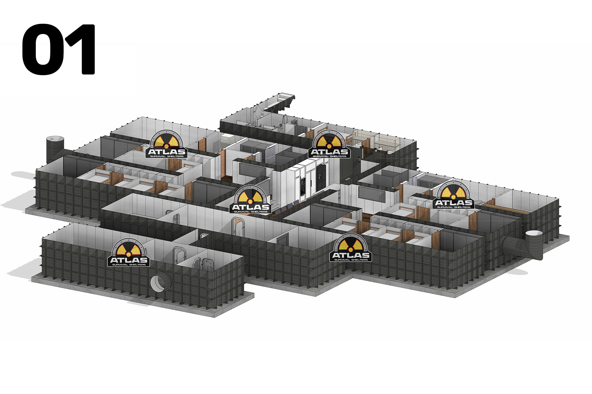 Isometric layout of interconnected ATLAS Survival Shelters modules, showing bunkers, rooms, doors, and corridors with the '01' graphic in the top-left corner.