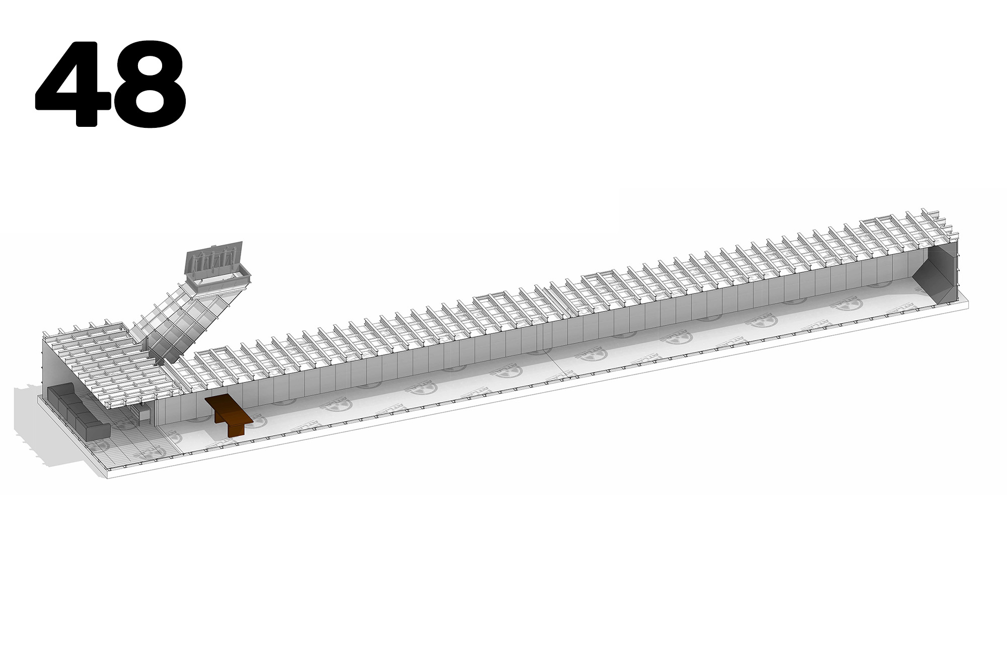 Isometric view of a long stadium seating tier with multiple rows and angled end sections, including a brown bench near the front left.