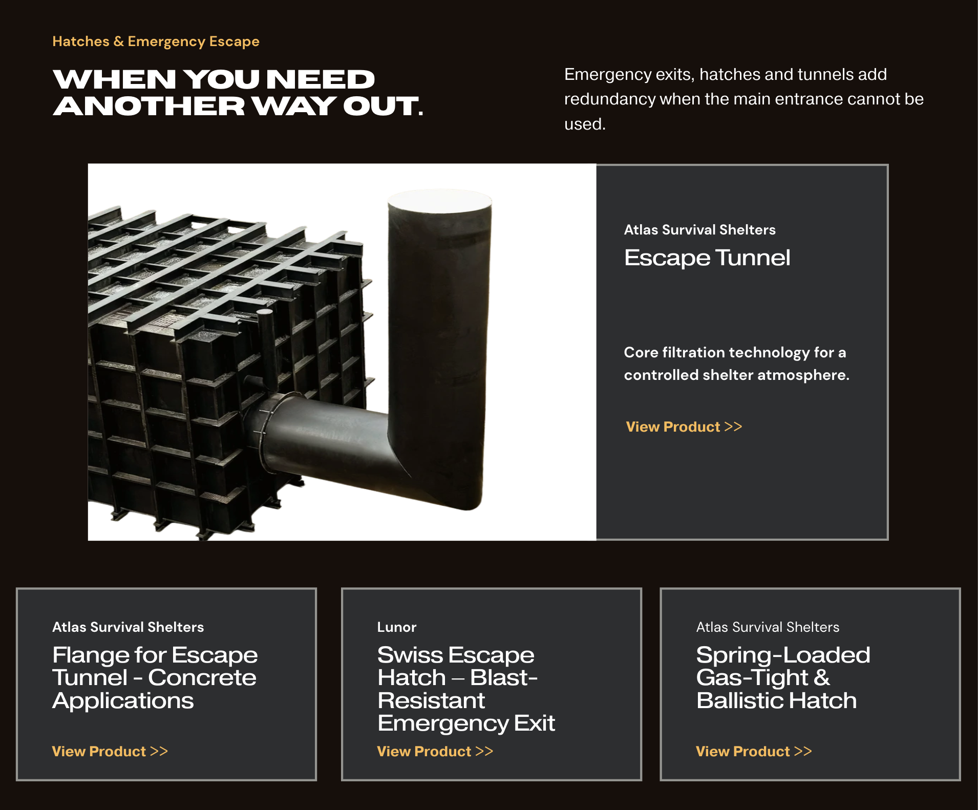 Close-up of a black escape tunnel tube next to modular shelter grids on a dark page background.