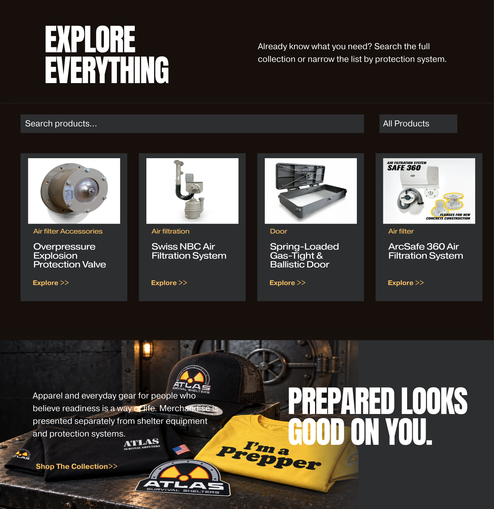 Homepage hero: dark banner with bold 'EXPLORE EVERYTHING' on the left, description on the right, and a wide 'Search products...' input with an 'All Products' button; below is a grid of four product cards (Air filter Accessories, Air filtration, Door, Air filter) with images and captions.