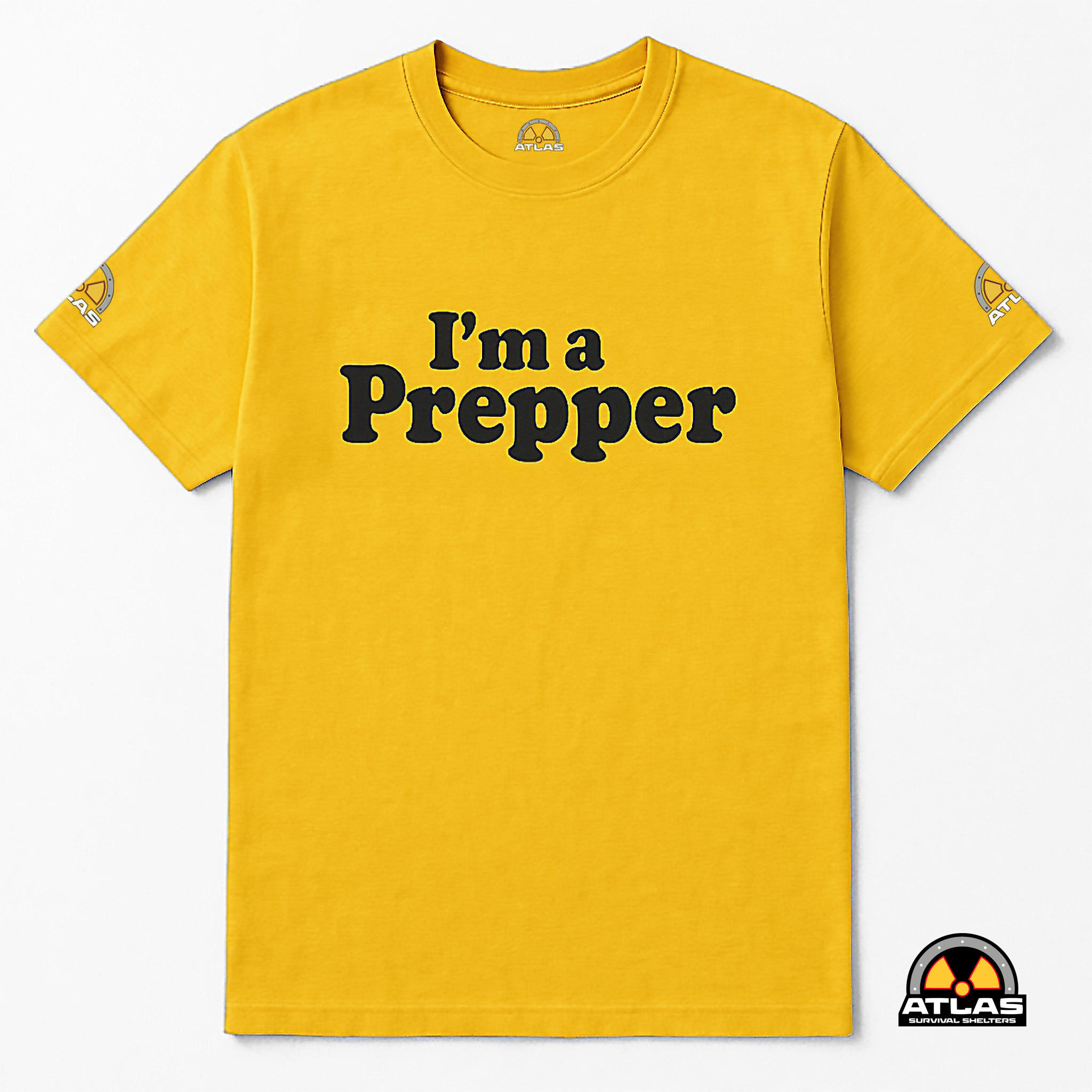 Bright yellow T-shirt with bold black text reading "I'm a Pepper" and small Atlas logos on the sleeves and neckline.