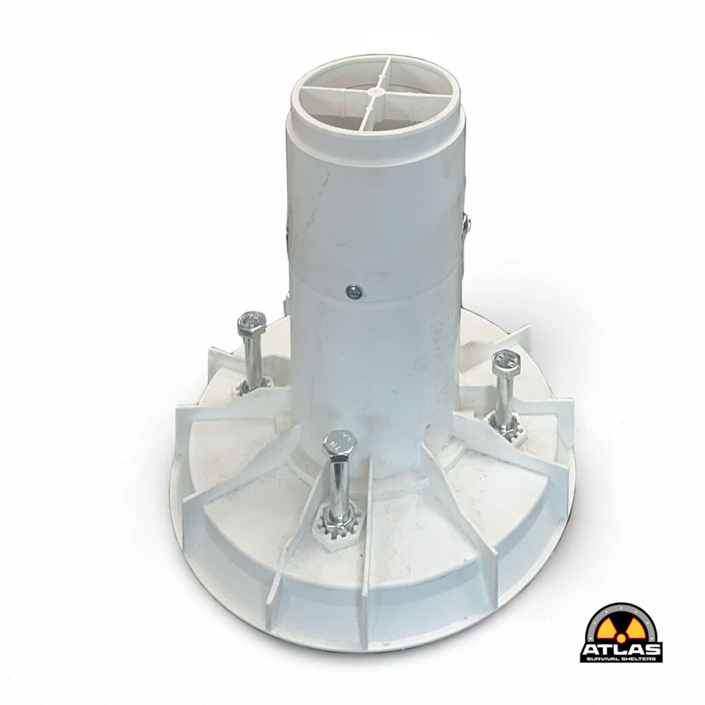 Grey metal cylindrical vent mounted on a base with bolts and brackets; Atlas Survival Shelters logo visible in bottom-right corner.
