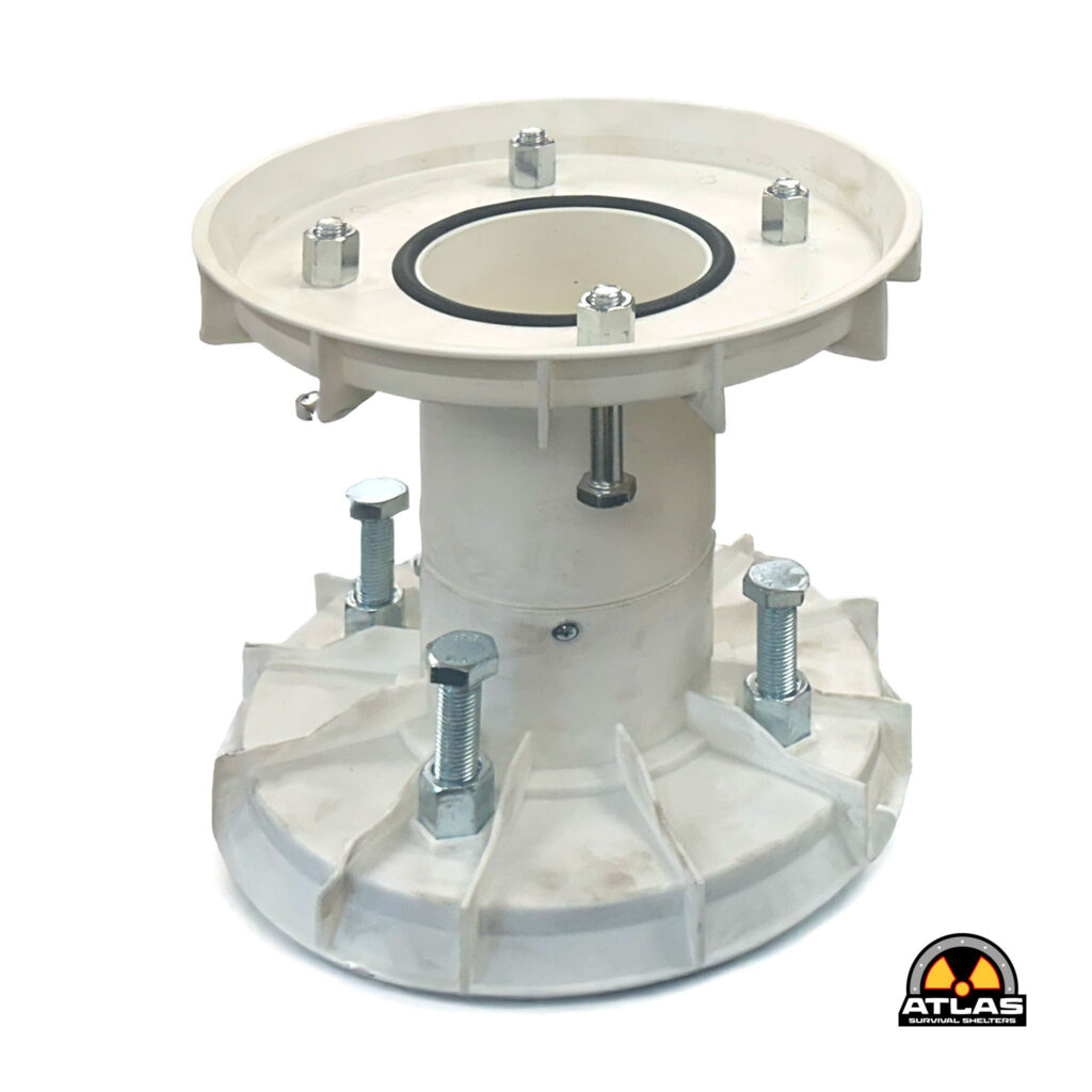 Circular white mechanical assembly with a central opening, four bolts around the rim, and a rubber seal ring; Atlas Survival Shelters logo at the bottom right.