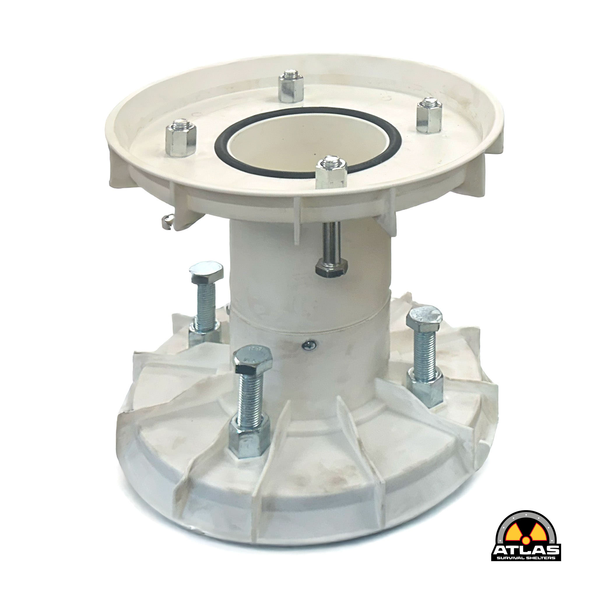 Circular white mechanical assembly with a central opening, four bolts around the rim, and a rubber seal ring; Atlas Survival Shelters logo at the bottom right.