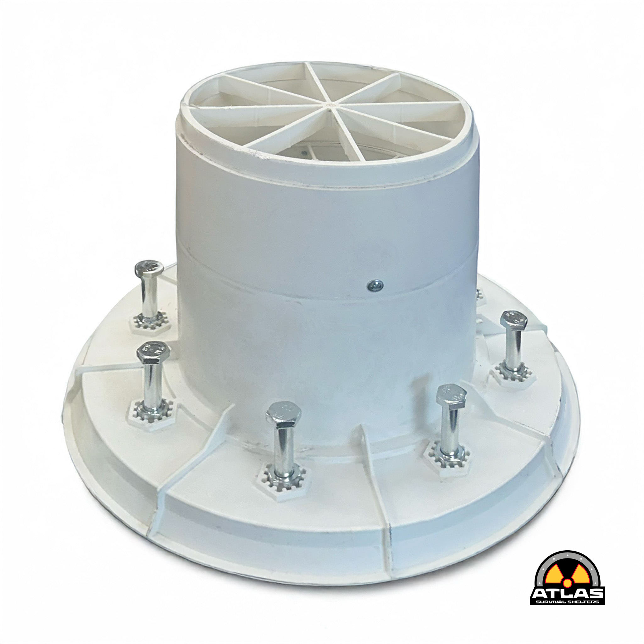 Close-up of a gray cylindrical survival shelter top with white radial partitions and visible bolts; Atlas Survival Shelters logo bottom-right.