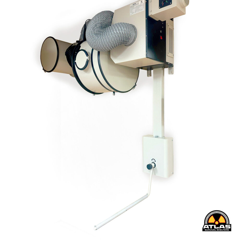 Industrial equipment mounted on a metal stand, with a flexible duct and control box; Atlas Survival Shelters logo visible in the corner.