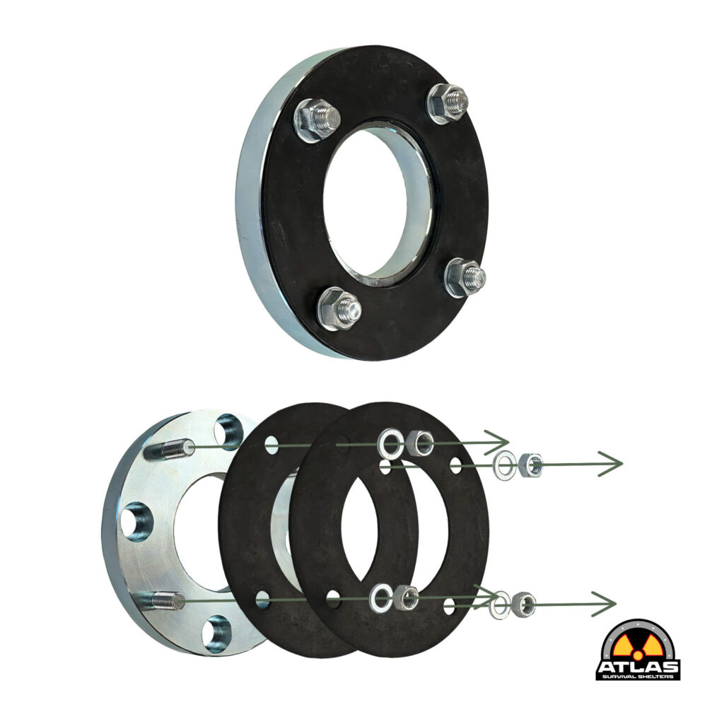Exploded view of a circular flange assembly with bolts and spacers, showing assembly sequence.