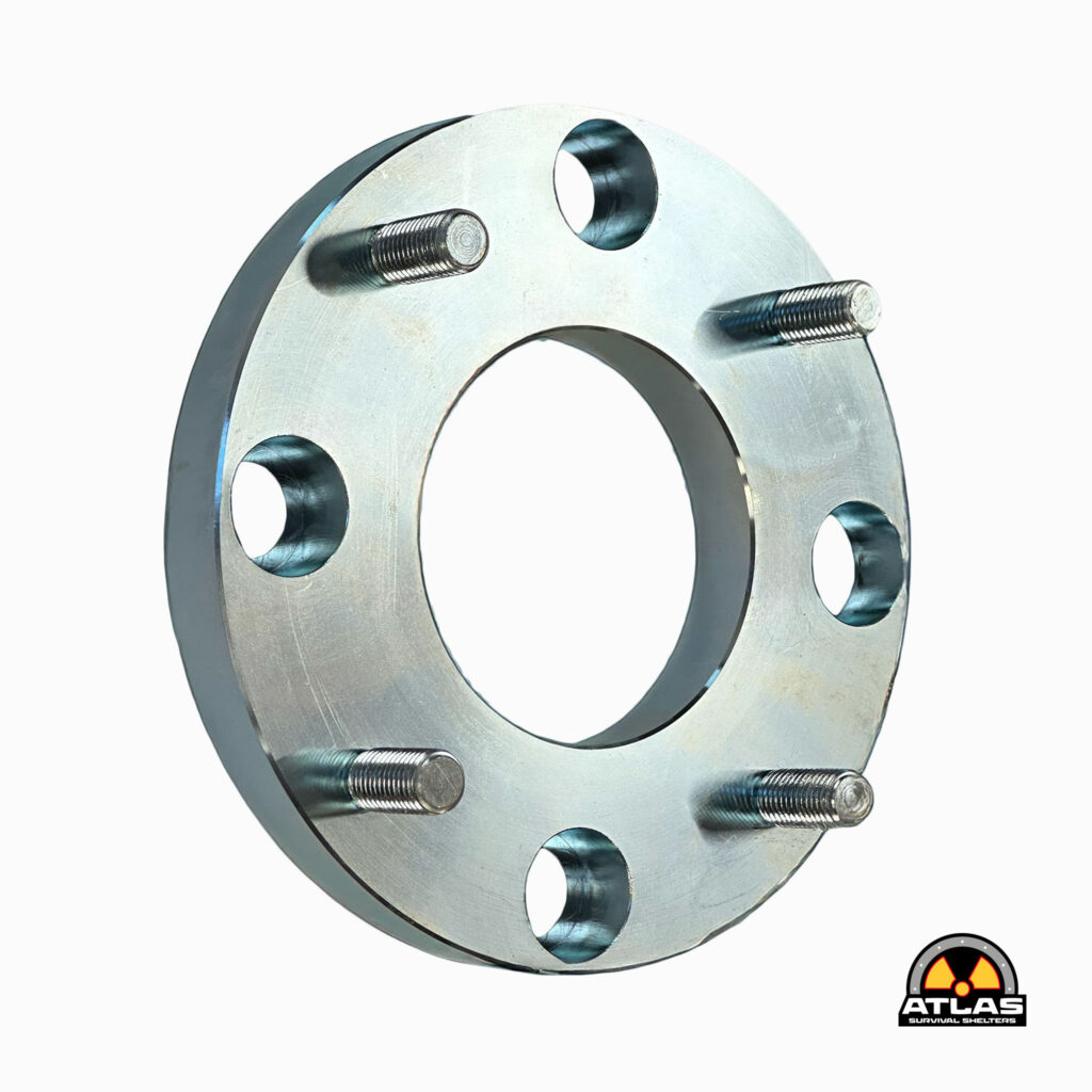 Metal flange with bolt holes and studs, viewed at an angle; industrial mechanical hardware image.