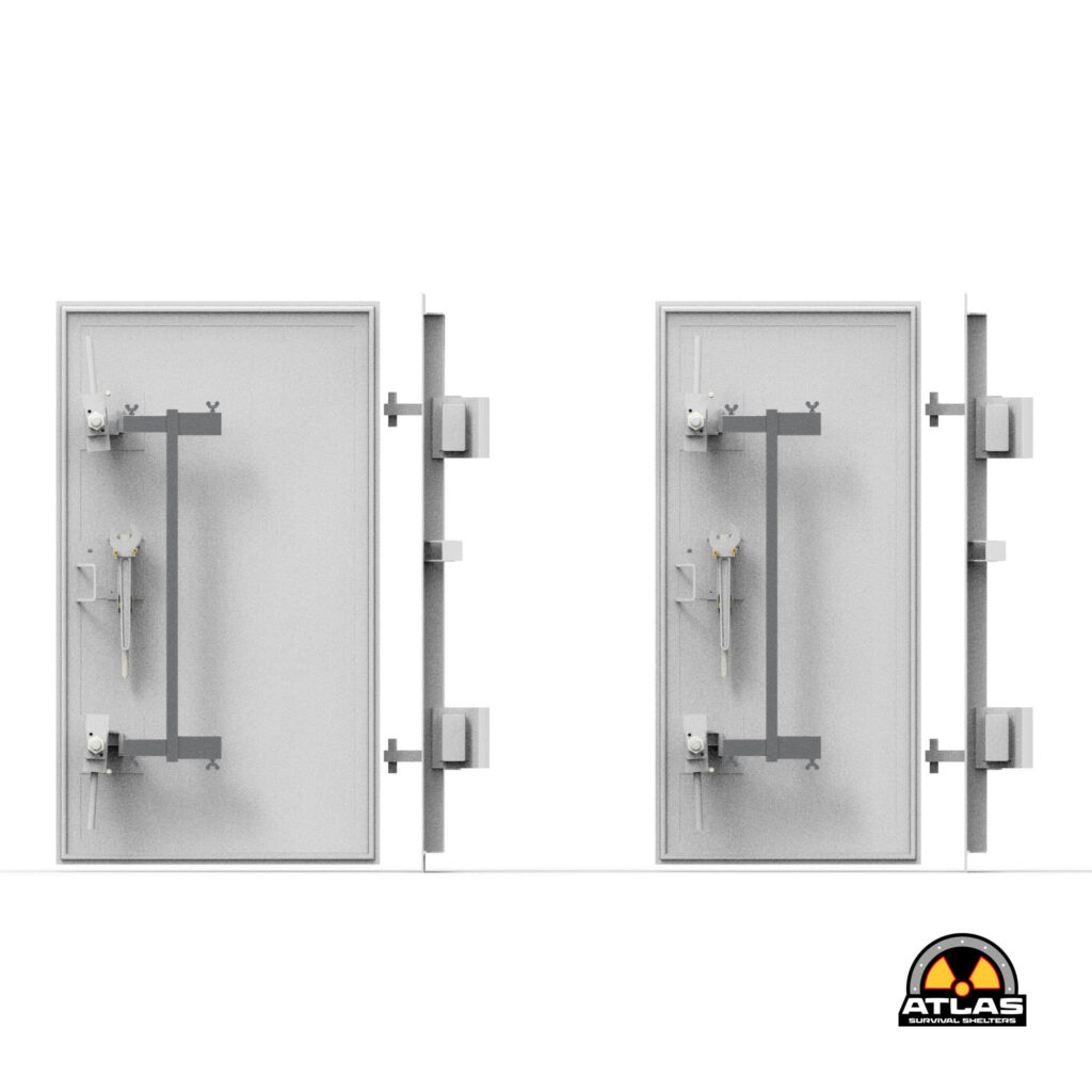 Two gray metal shelter doors with reinforced hinges and locking bars, shown side-by-side; Atlas Survival Shelters logo at bottom-right.