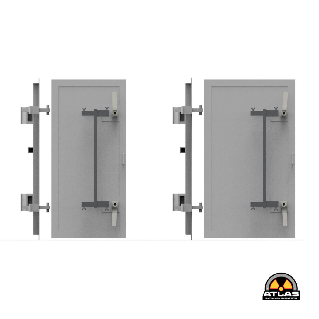 Two large gray metal doors with heavy hardware, shown side by side, each with vertical handles and framing, bottom-right featuring the ATLAS Survival Shelters logo with a radiation symbol.