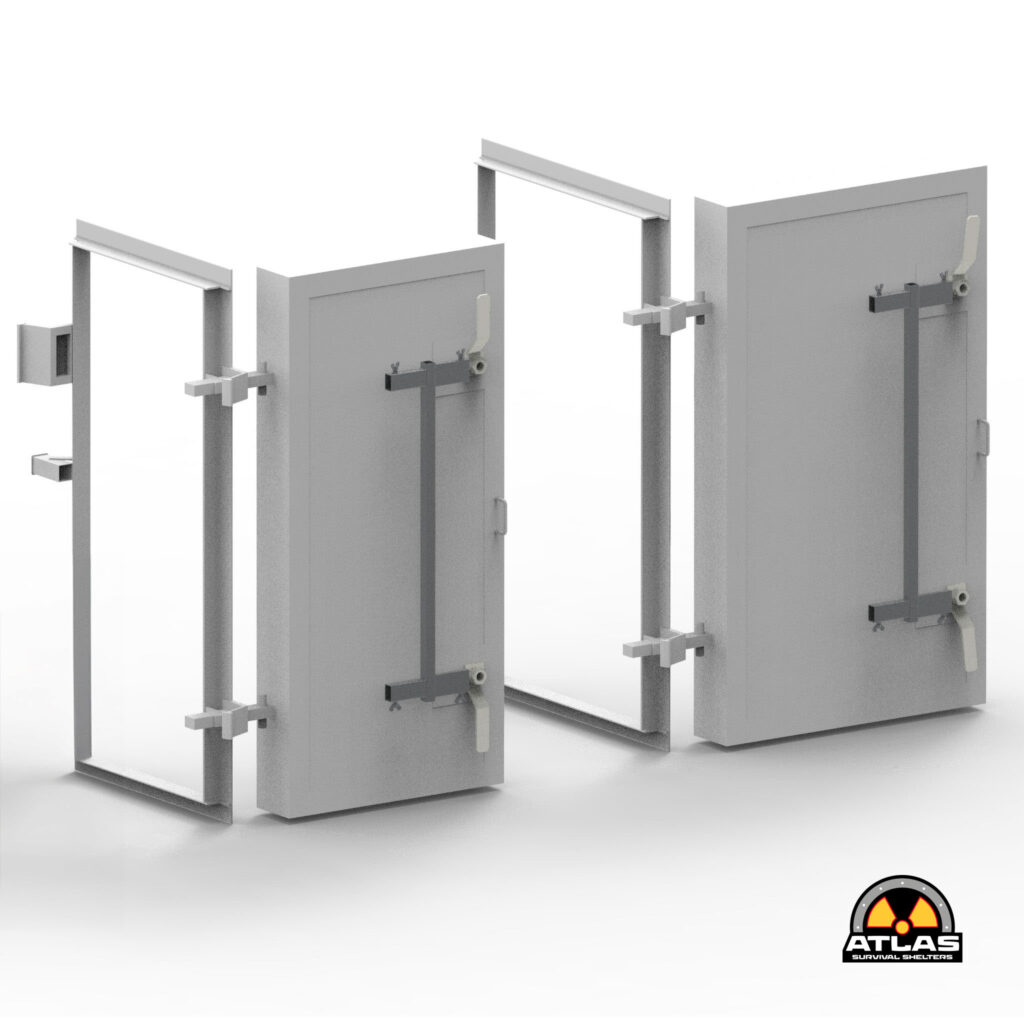 Three gray prefab shelter doors with frames and hinges on a white background; Atlas Survival Shelters logo bottom right.