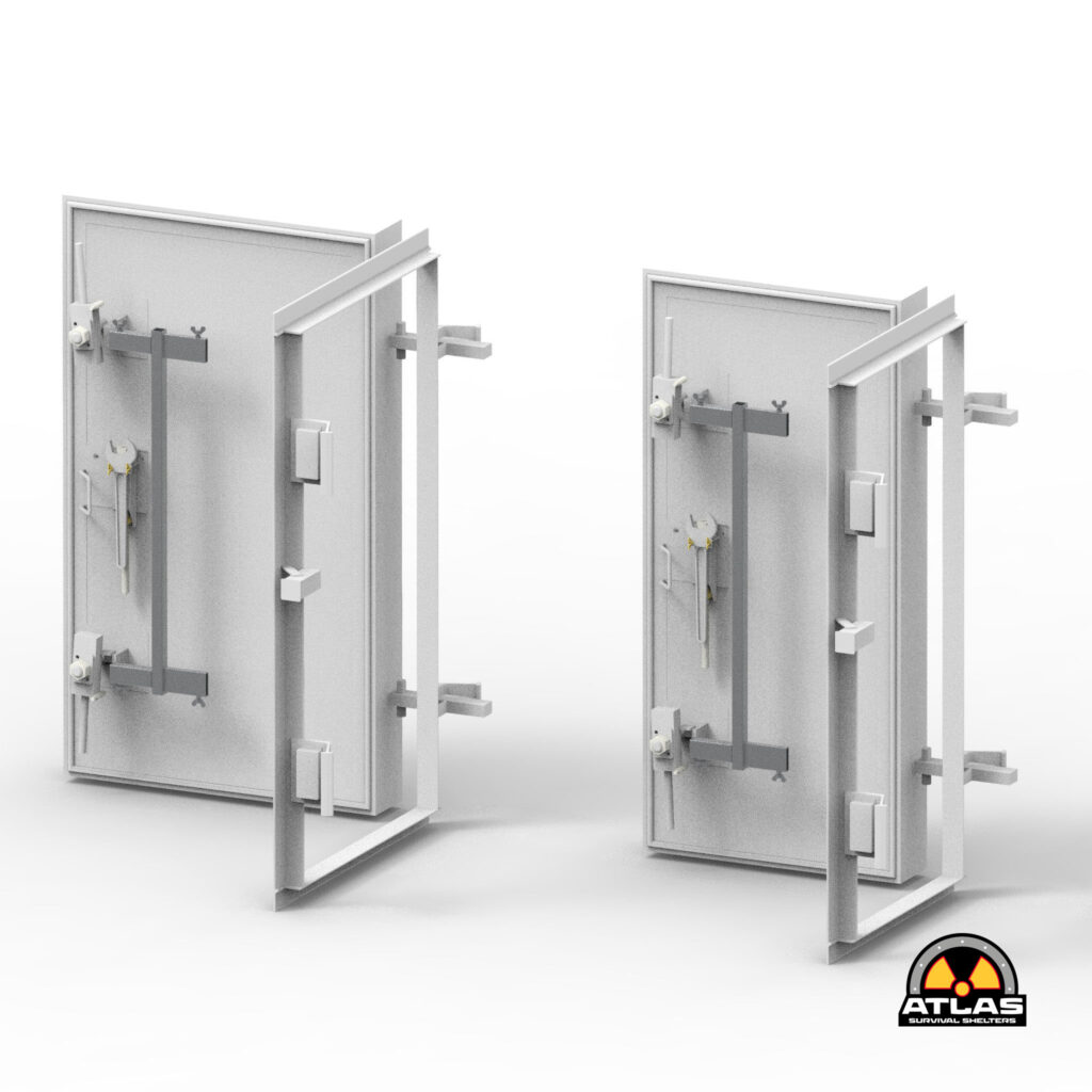 Two gray metal shelter doors with locking bars, viewed from the side, Atlas Survival Shelters logo visible bottom right.