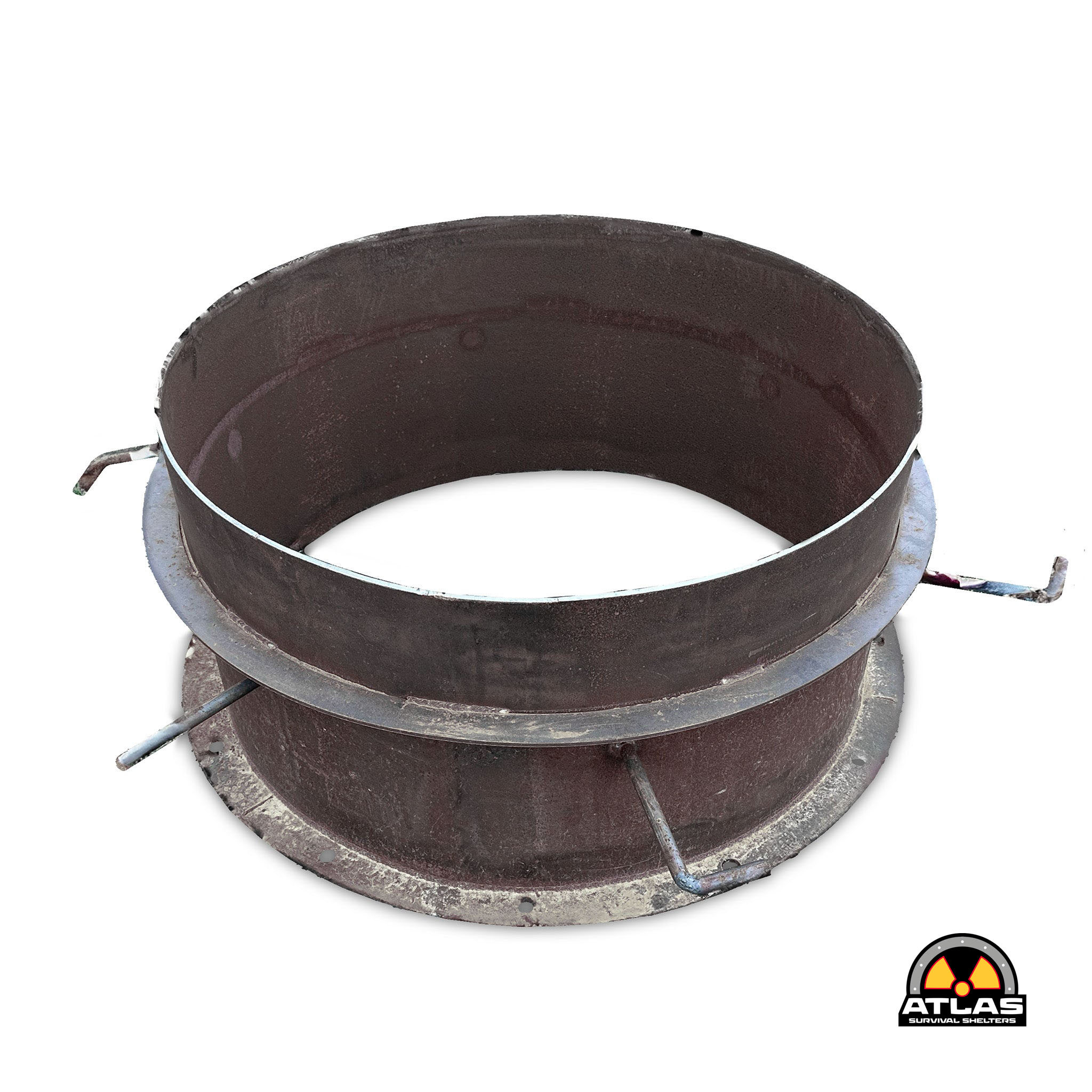 Close-up of a rusted metal circular container or pot, with a partial Atlas Survival Shelters logo visible in the bottom-right corner.
