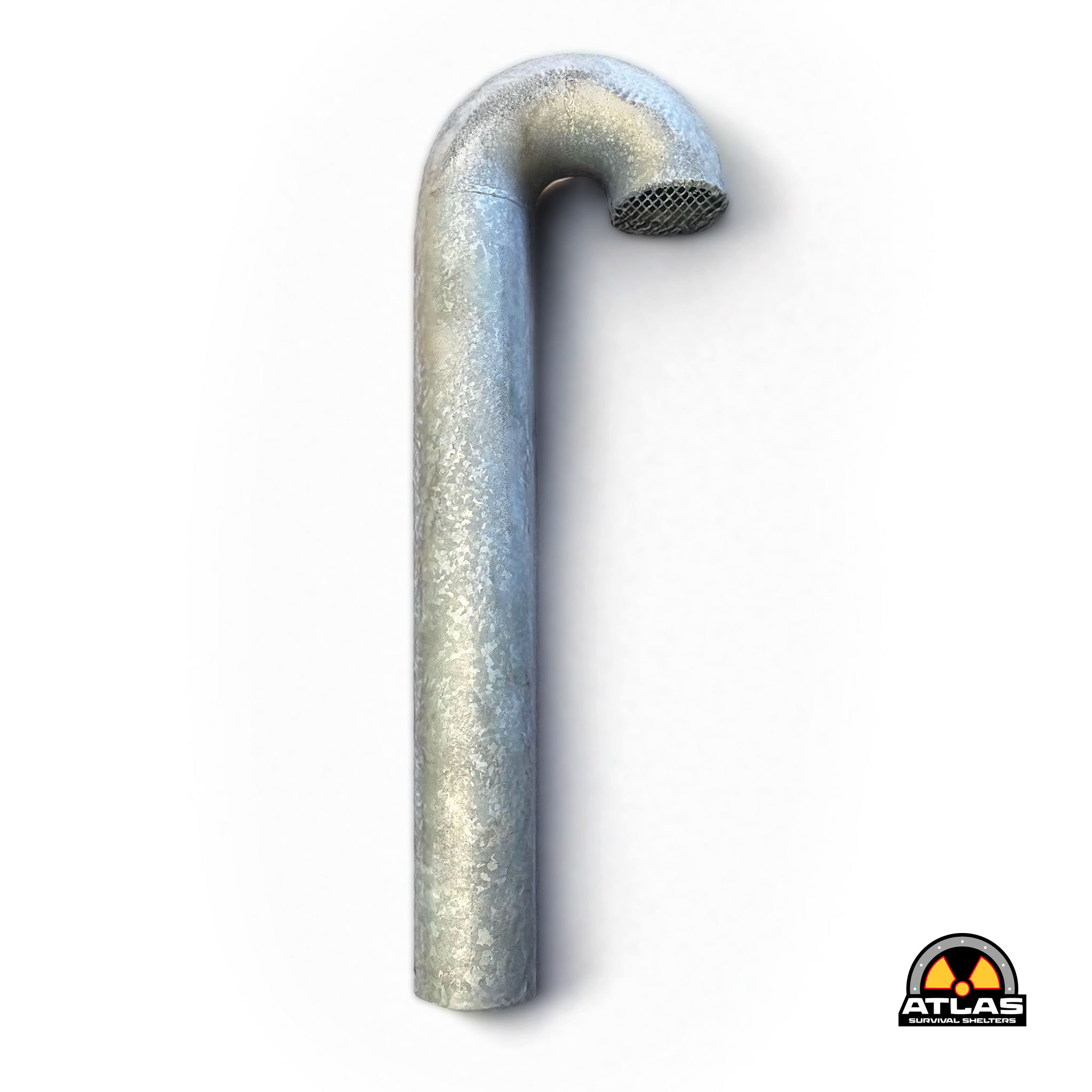 Close-up of a curved, weathered metal pipe with a mesh-covered tip and a white background; Atlas Survival Shelters logo in the bottom right corner.