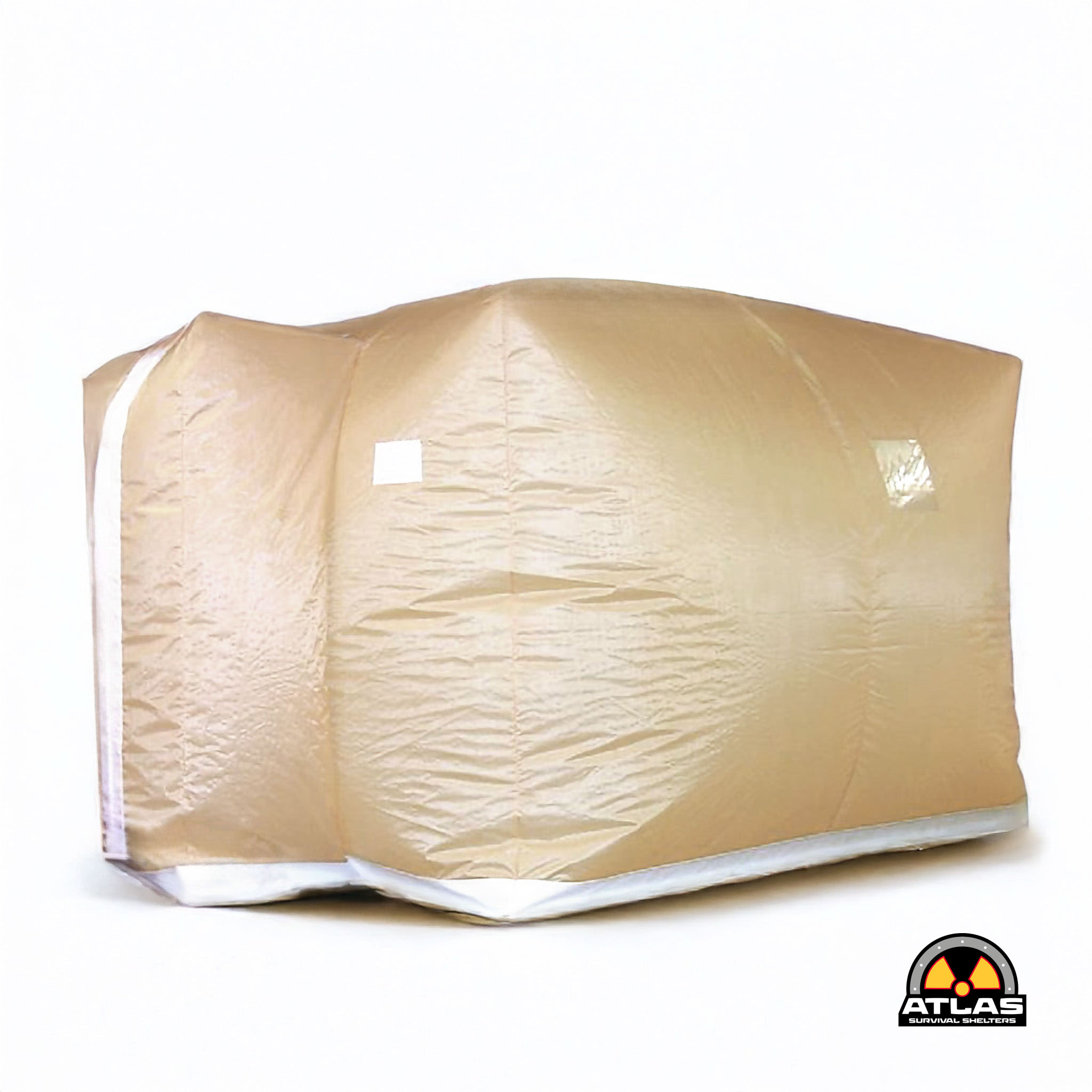 Brown cardboard box wrapped in clear packing tape sits on a white surface; Atlas Survival Shelters logo appears in the bottom-right corner.