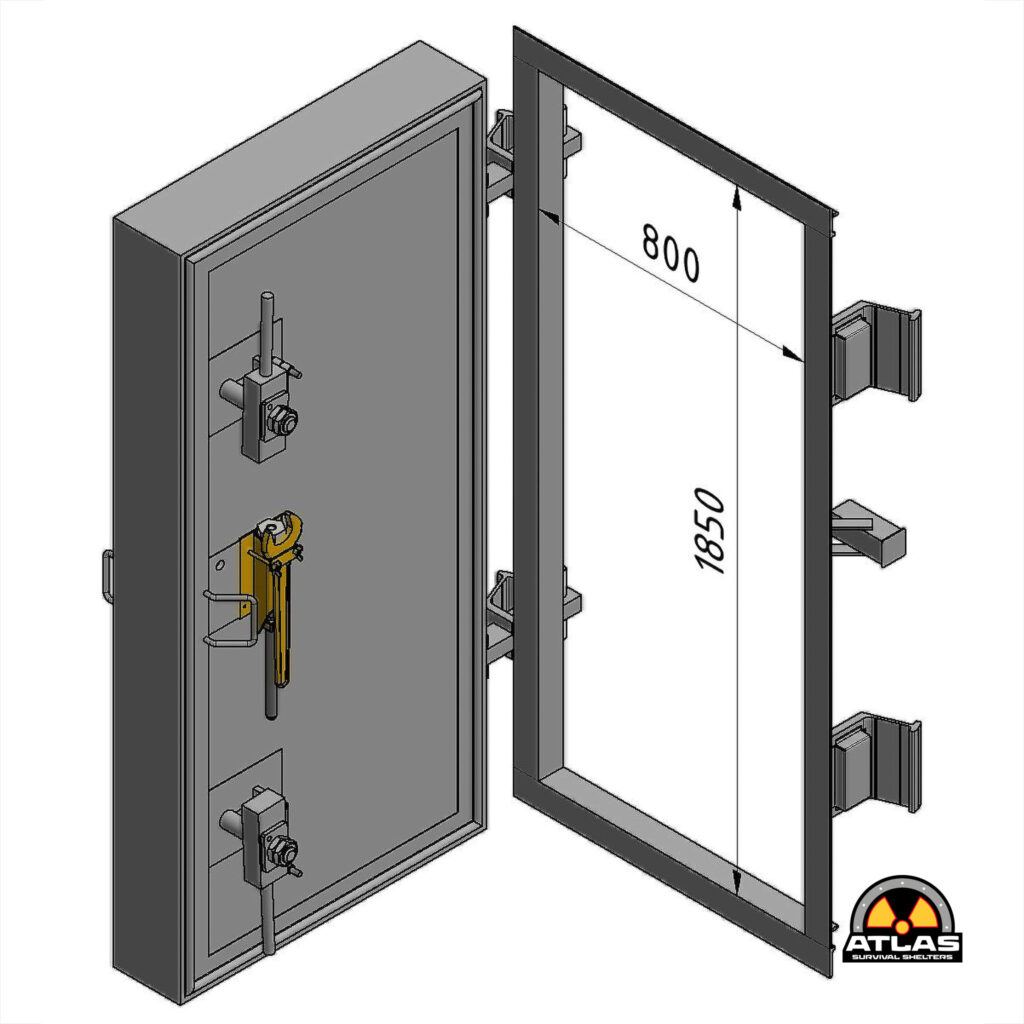 Exploded isometric diagram of an emergency shelter wall showing a door frame, hinge frame, and internal locking mechanism with a measurement of 800 (unit not specified). Atlas Survival Shelters logo appears in the bottom right.
