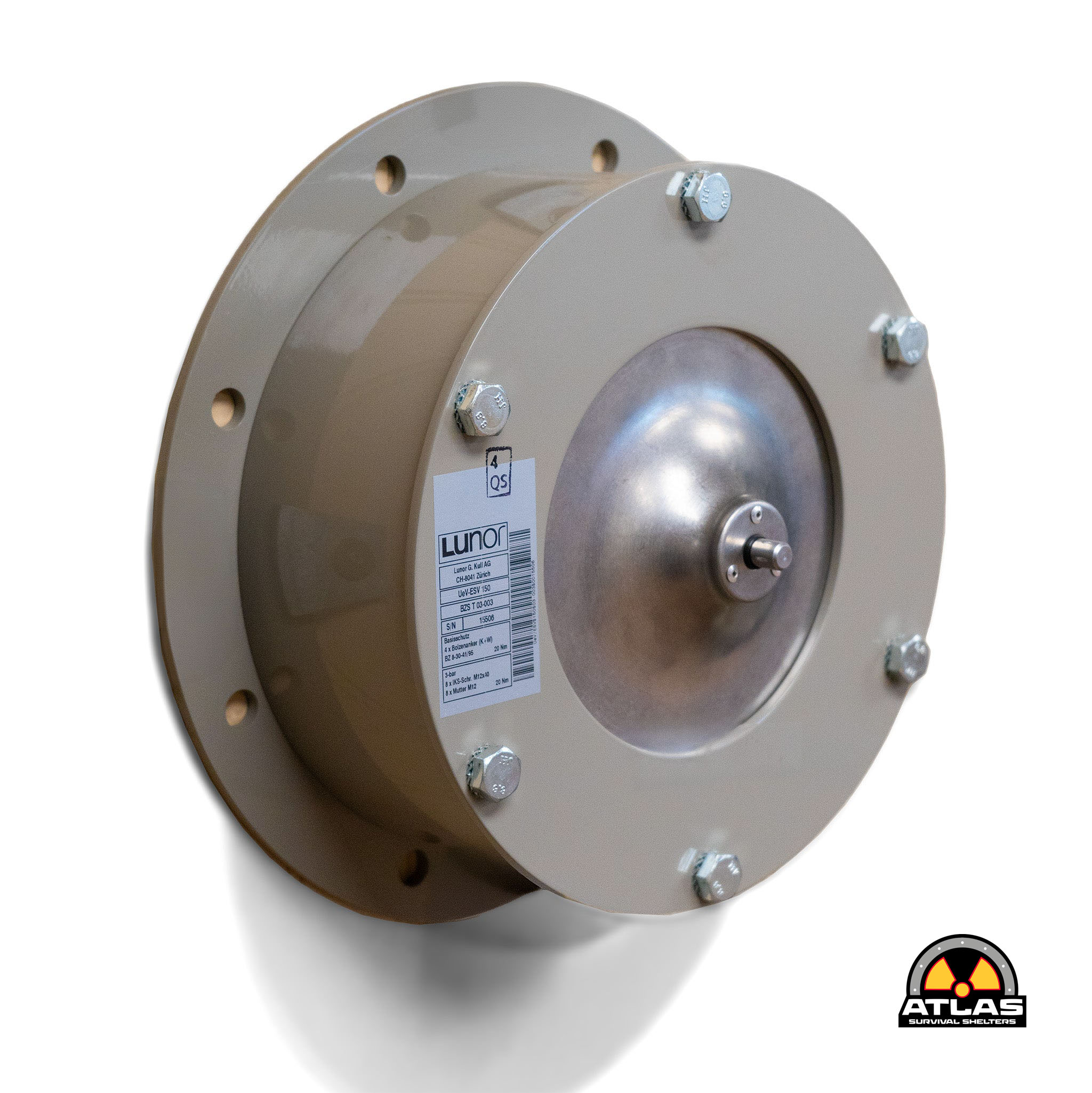 Round metallic equipment with a bolted flange and a sticker label, Atlas Survival Shelters logo visible in bottom-right corner