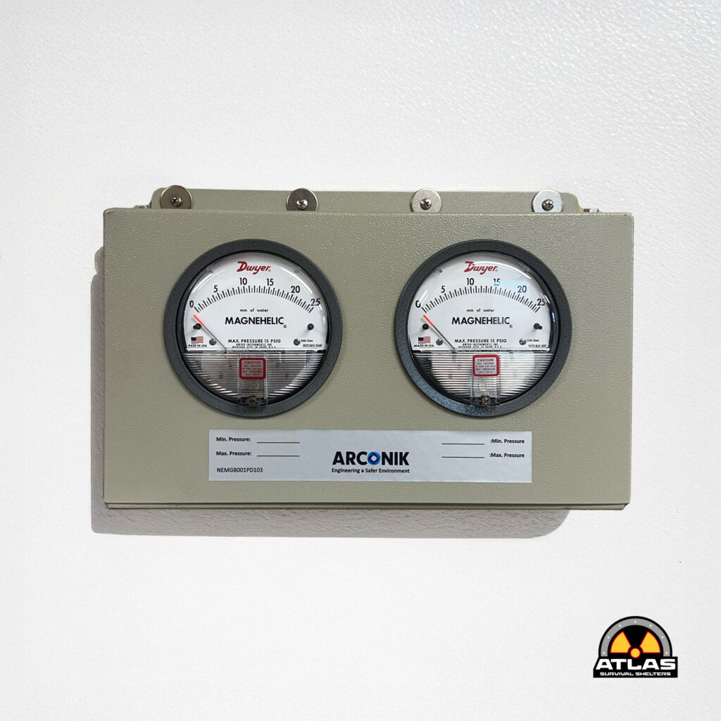 Two round Magnehelic pressure gauges mounted on a gray control panel, with an Atlas Survival Shelters logo visible in the bottom-right corner.