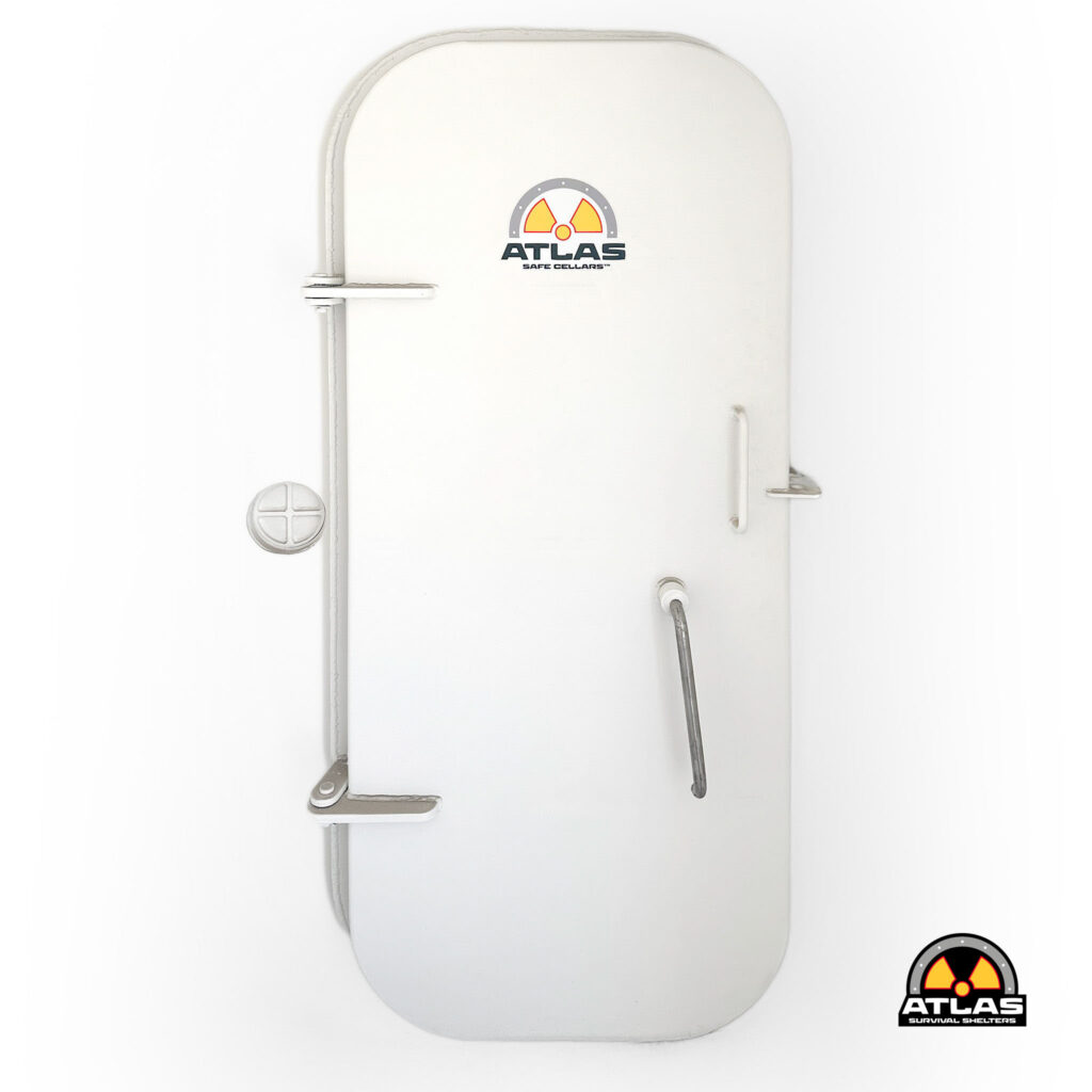White metal shelter door featuring the Atlas Safe Cellars logo with a yellow radiation symbol in a grey arc.