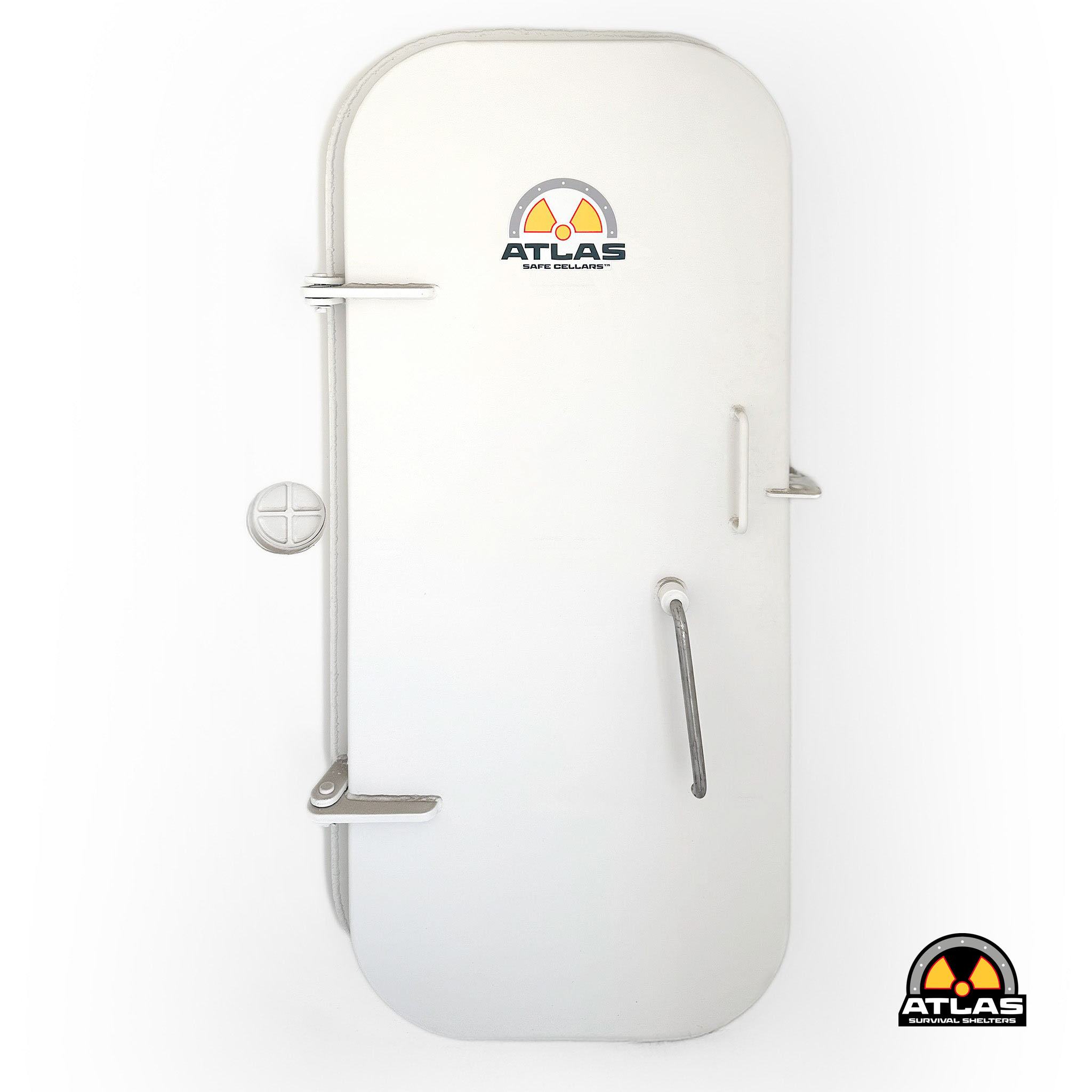 White metal shelter door featuring the Atlas Safe Cellars logo with a yellow radiation symbol in a grey arc.