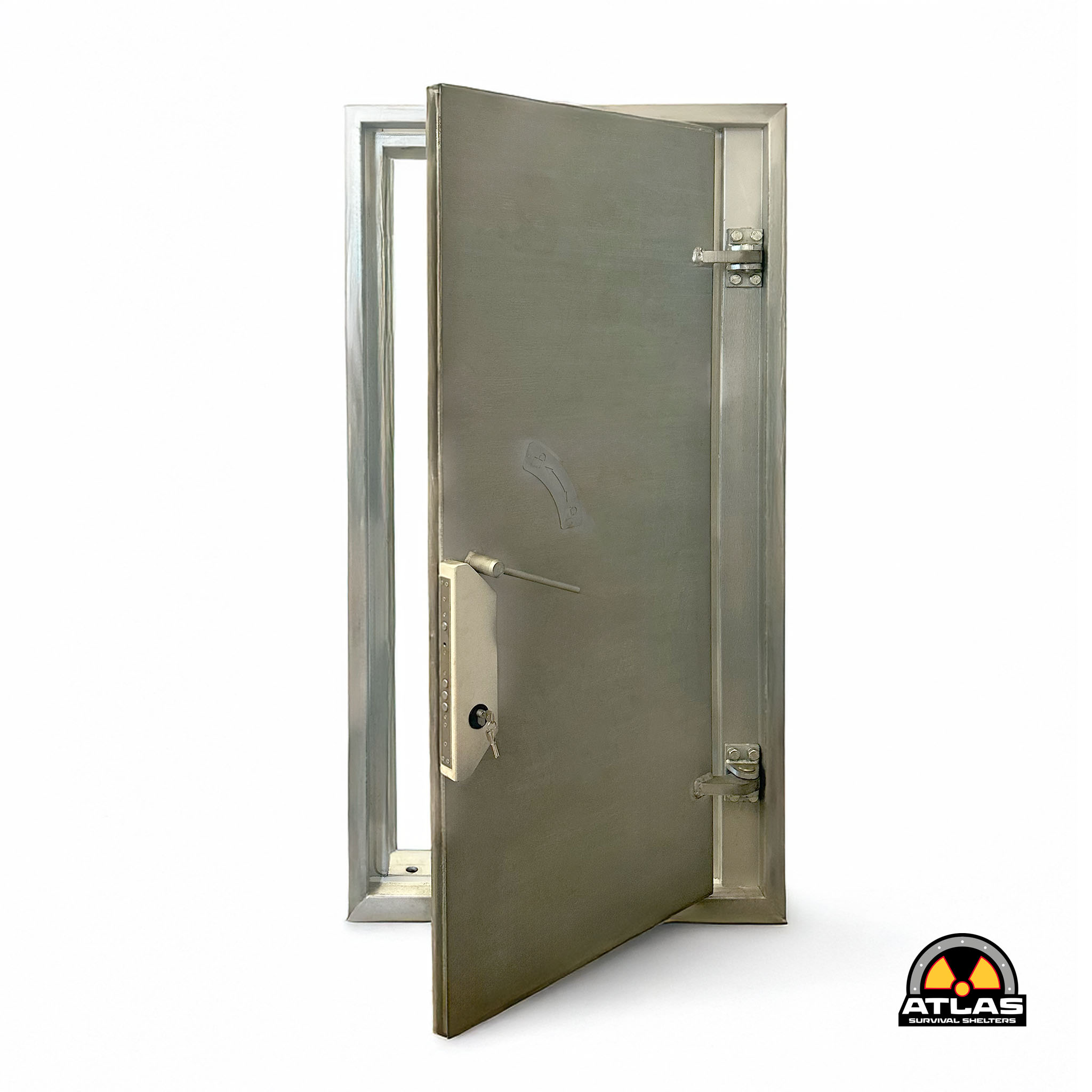 Gray metal emergency shelter door displayed upright on a white background, with the Atlas Survival Shelters logo in the bottom-right corner.] , {additional}
