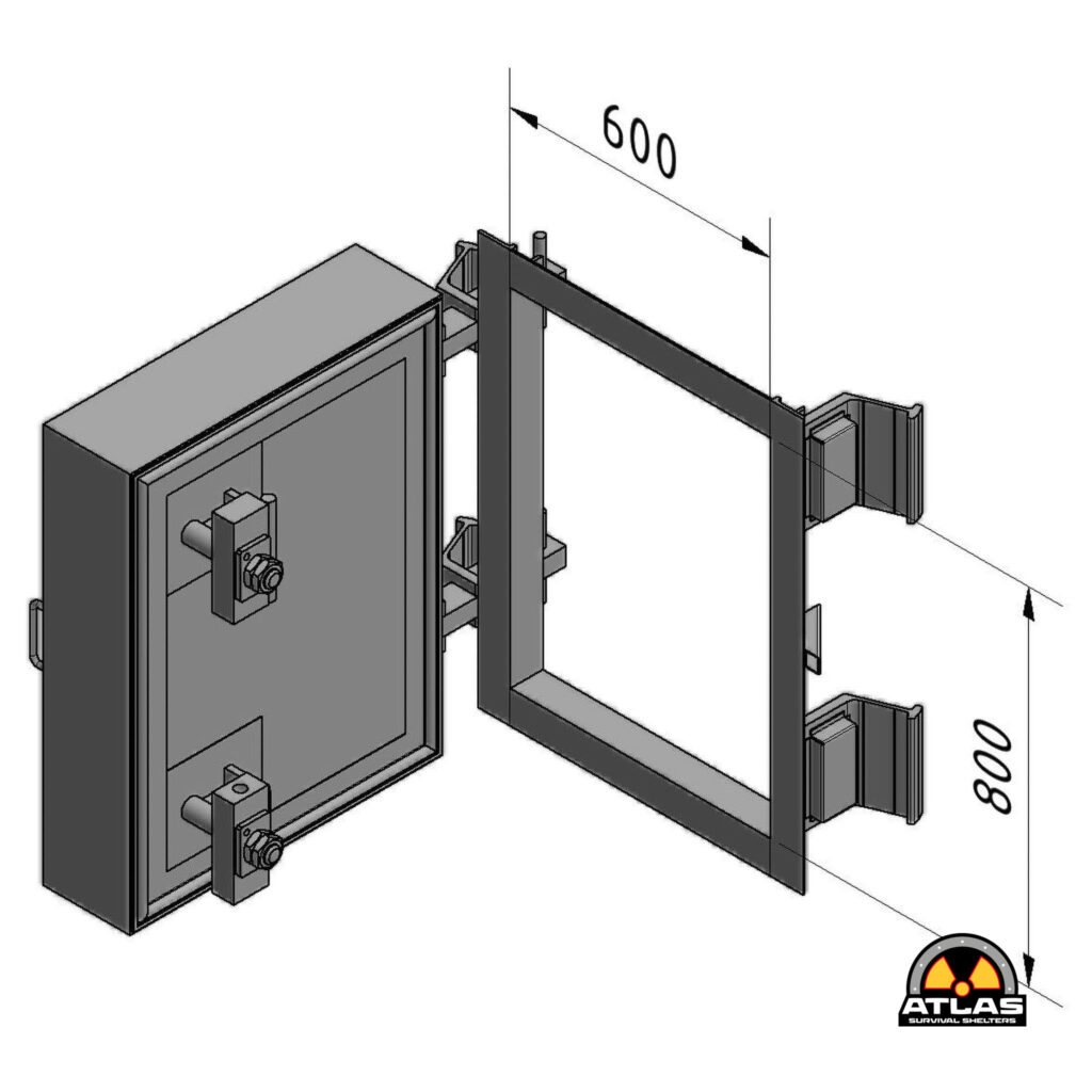 Isometric drawing of a metal shelter frame with a door and vertical supports; shows a 600 mm dimension between posts; Atlas Survival Shelters logo bottom right.