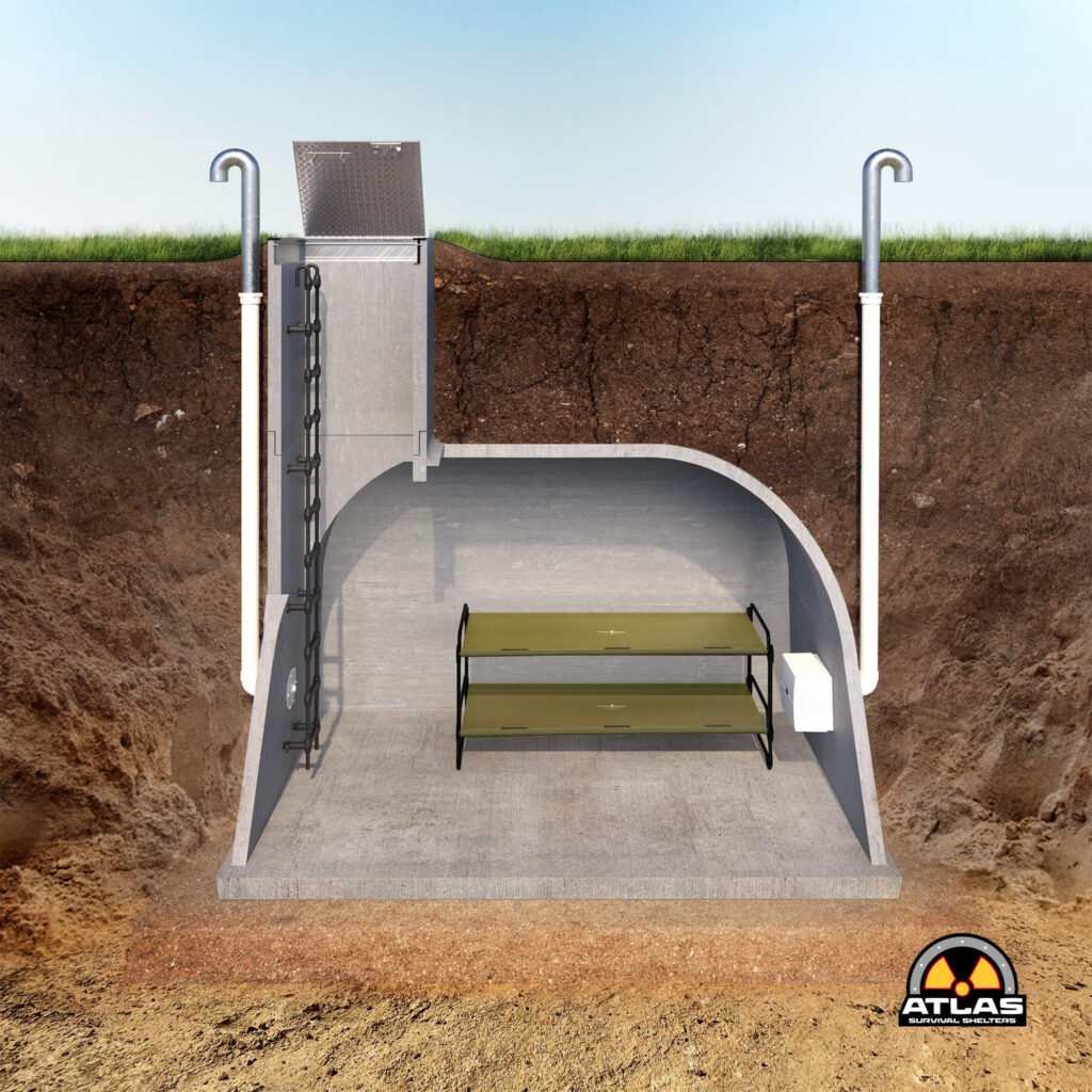 Cross-section of an underground survival shelter with an entry hatch, stairs, and utility pipes; Atlas Survival Shelters logo in corner.