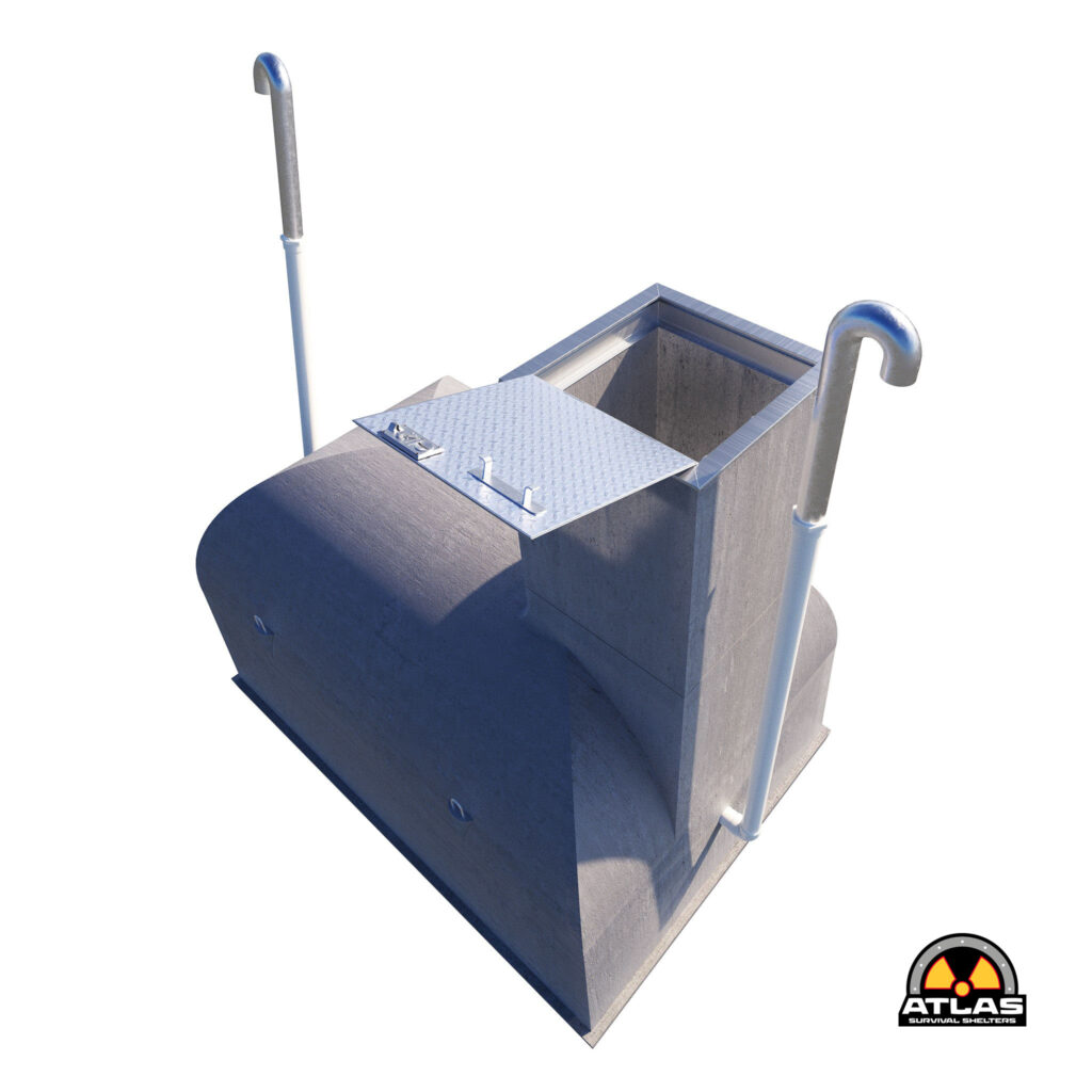 Metal survival shelter module with diamond-plate entry, two curved grab handles, and Atlas Survival Shelters logo in the bottom-right corner.