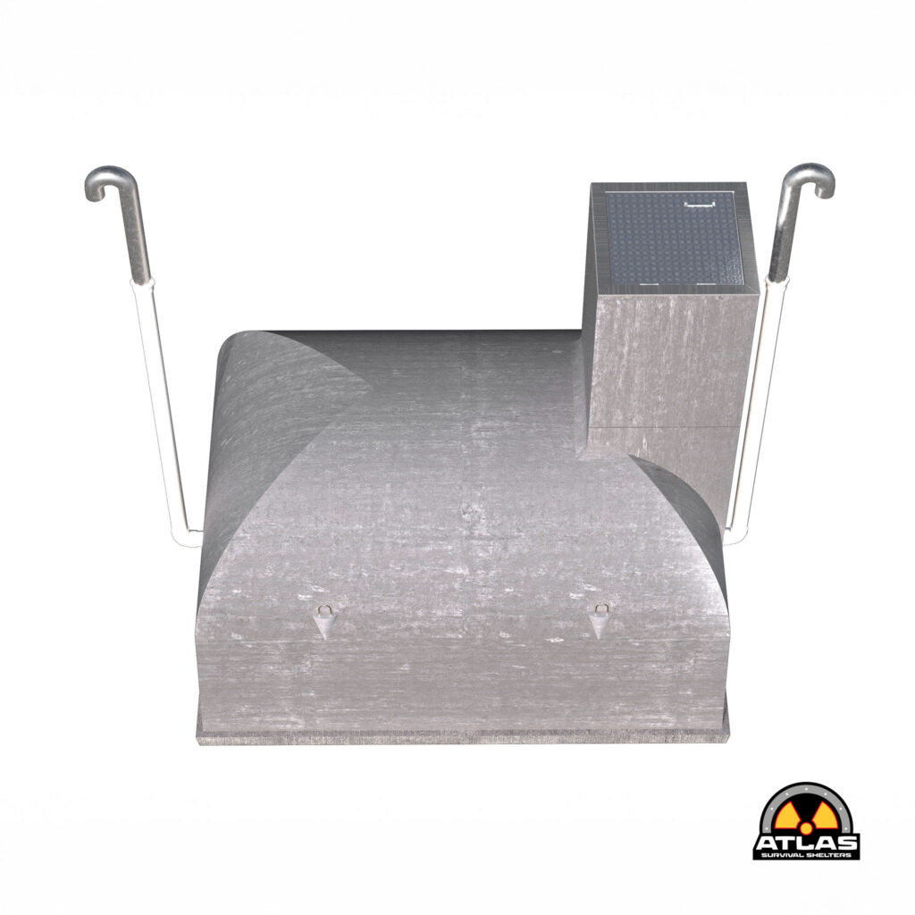Part of a metal blast shelter exterior with stairs and platform, Atlas Survival Shelters logo visible bottom right.