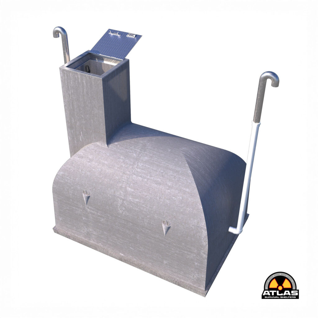 Gray metal survival shelter with an open top hatch, raised lid, and two handles on the sides; Atlas Survival Shelters logo visible in the bottom-right corner.
