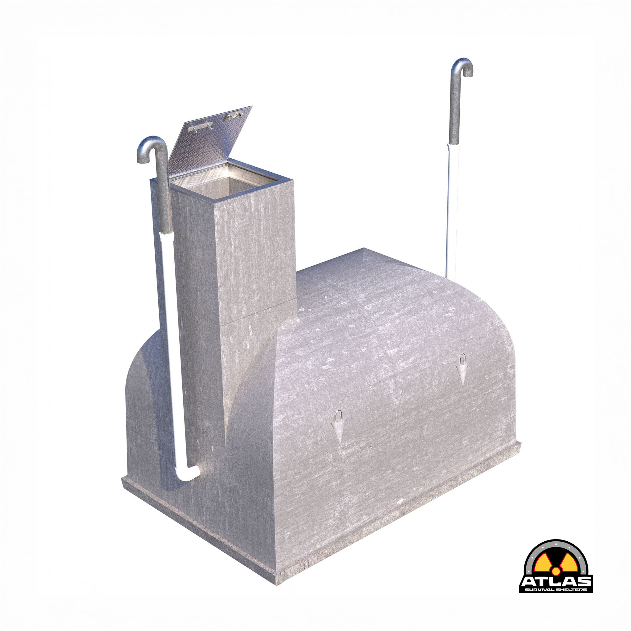 Concrete survival shelter with an open-top hatch and two vertical metal exhaust pipes; Atlas Survival Shelters logo appears in the bottom-right corner.