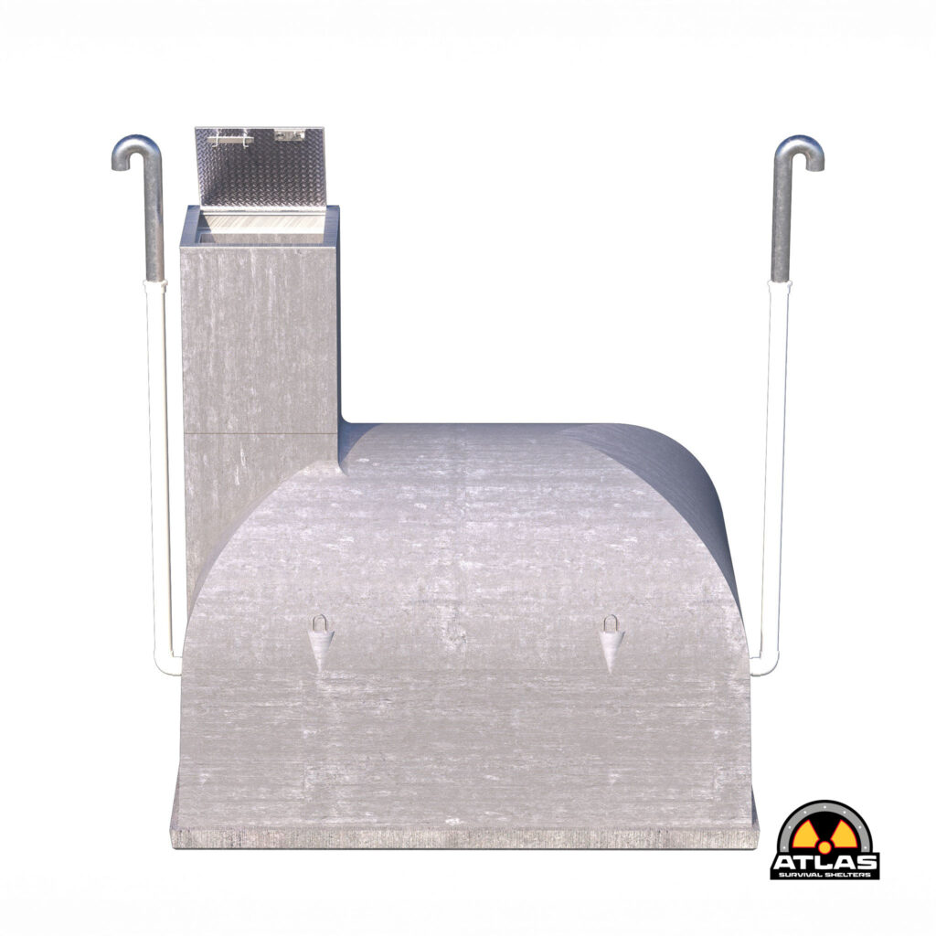 Front view of a gray concrete survival shelter with a metal diamond-plate hatch, flanked by two vertical pipes; Atlas Survival Shelters logo in the bottom-right corner.