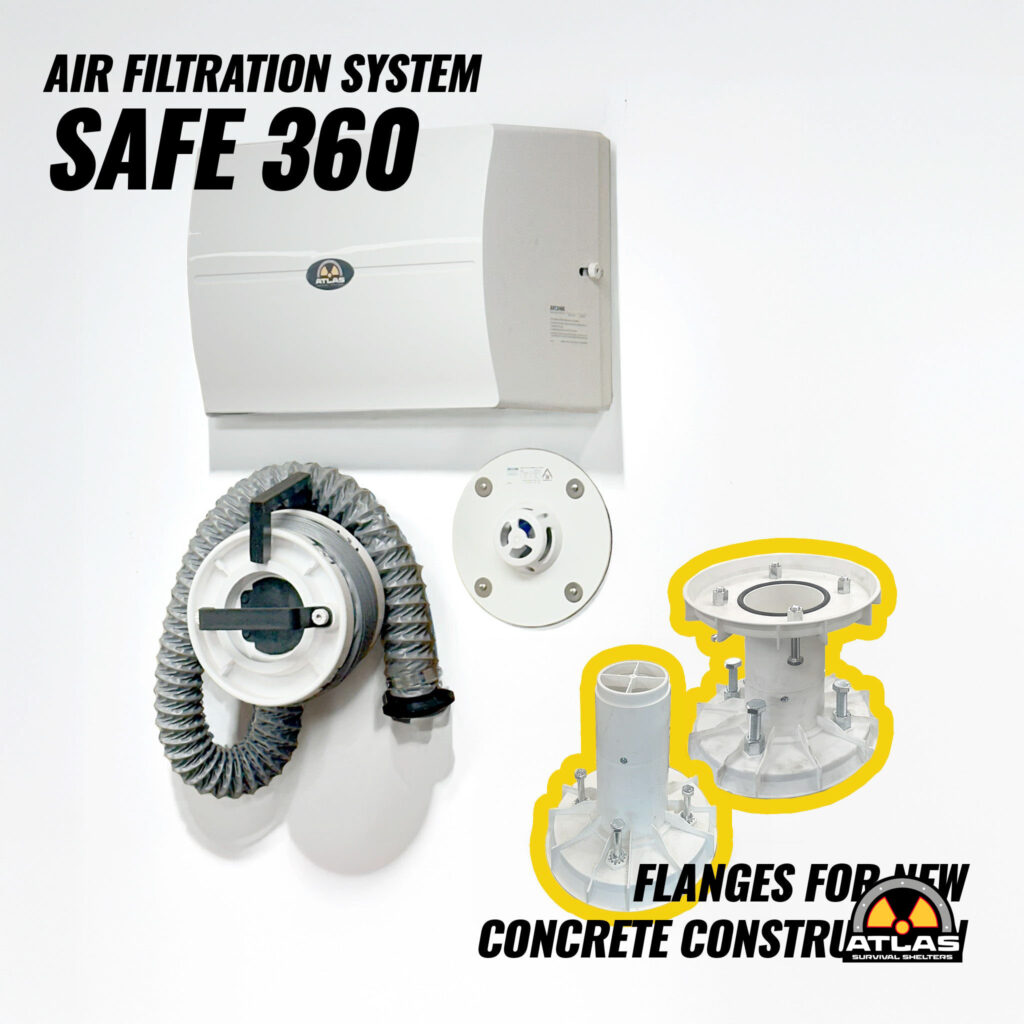 Industrial air filtration components (duct hose and flanges) on a white background with bold 'Air Filtration System SAFE 360' text and Atlas Survival Shelters logo at bottom right.