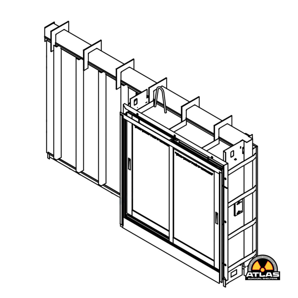 Isometric line drawing of a modular survival shelter with multiple panels and a radiation warning symbol near the Atlas logo.