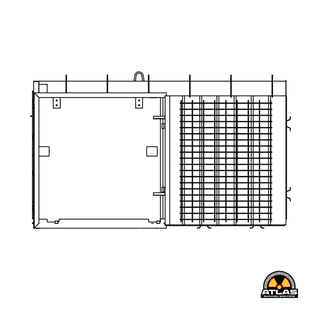 Technical blueprint of a shelter floor plan showing a reinforced right wall, doorway on the left, and a designer logo (ATLAS SURVIVAL SHELTERS) bottom right.
