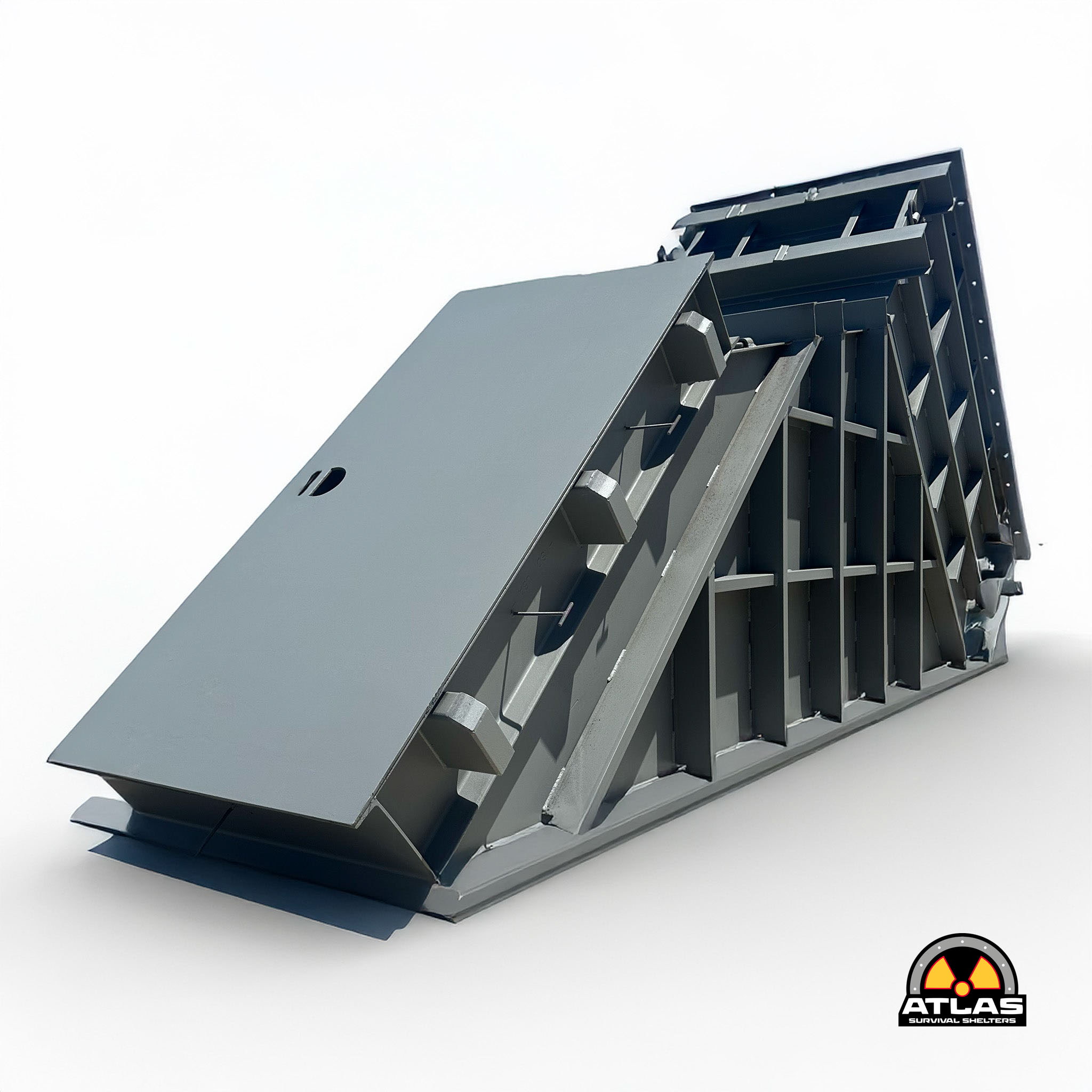 Close-up of a heavy gray metal shelter door opened at an angle, with the Atlas Survival Shelters logo visible in the bottom-right corner.