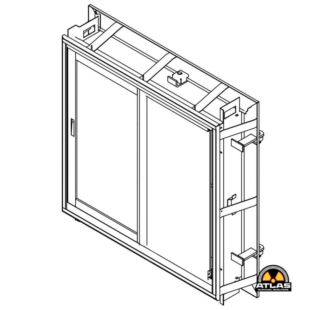 Isometric line drawing of an Atlas Survival Shelters bunker showing doorway, framing, and interior layout with a safety logo in the corner.