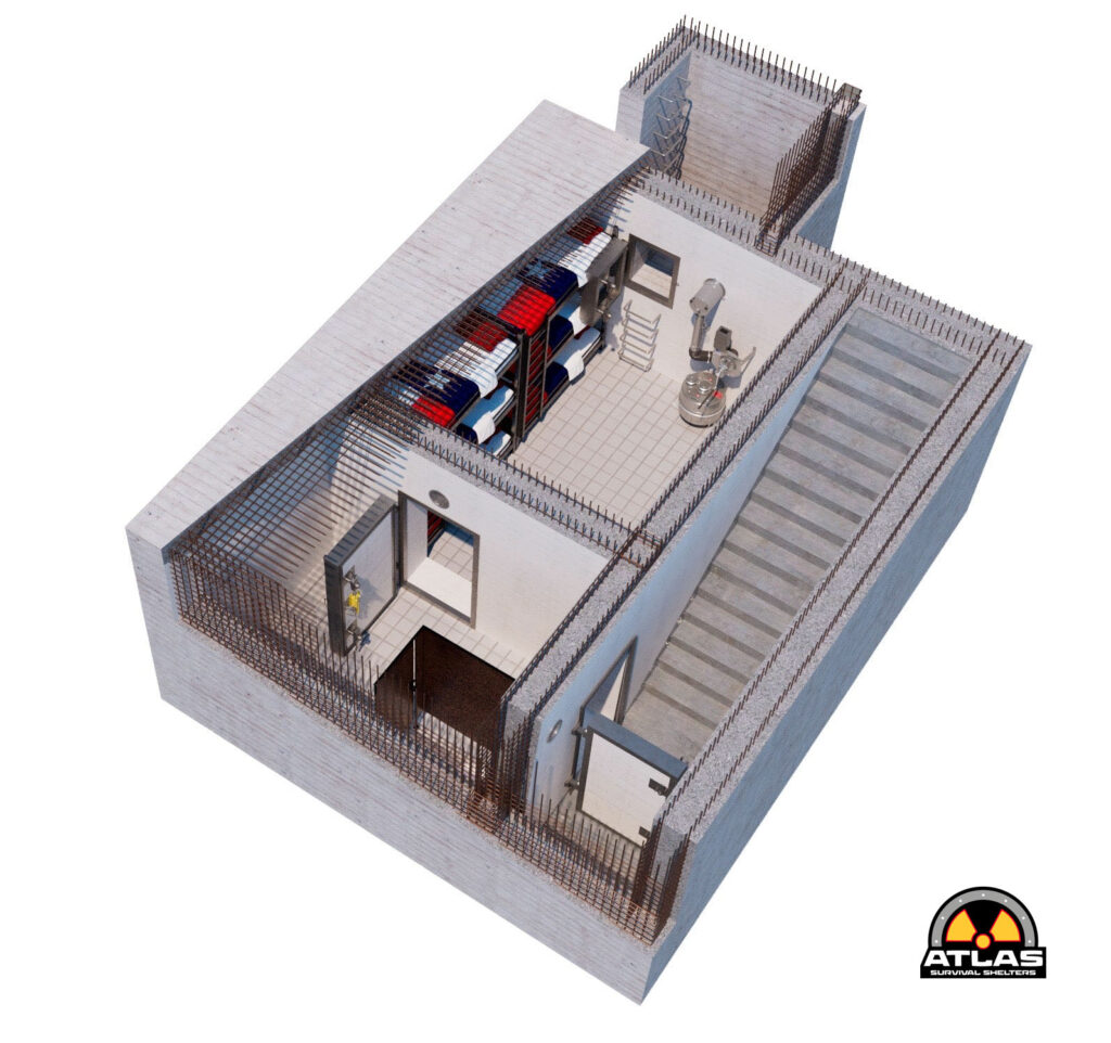 Isometric rooftop view of a survival shelter interior with storage racks and equipment, Atlas Survival Shelters logo visible.