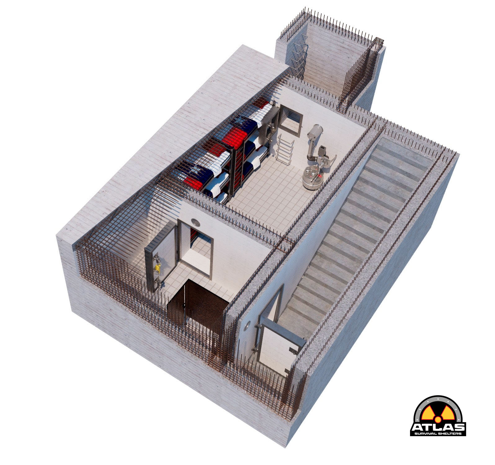 Isometric rooftop view of a survival shelter interior with storage racks and equipment, Atlas Survival Shelters logo visible.