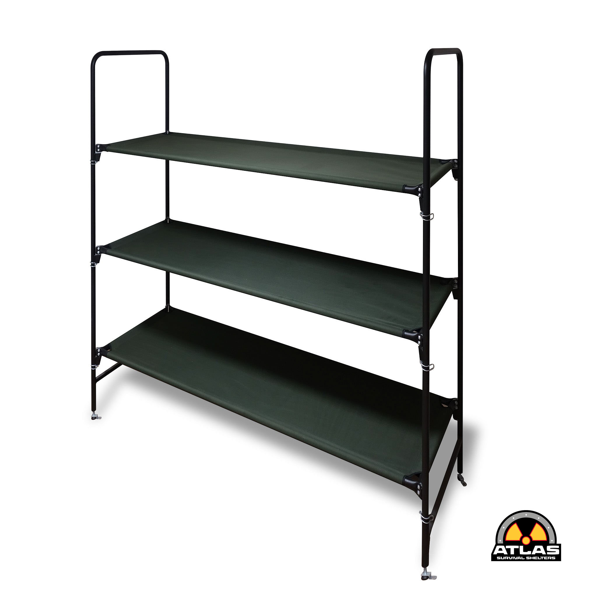 Black metal three-shelf bunk-style storage rack with green fabric shelves; Atlas Survival Shelters logo visible at bottom right.