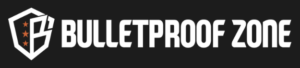 Bulletproof Zone logo featuring a shield emblem with three orange stars and bold white lettering on a black background.